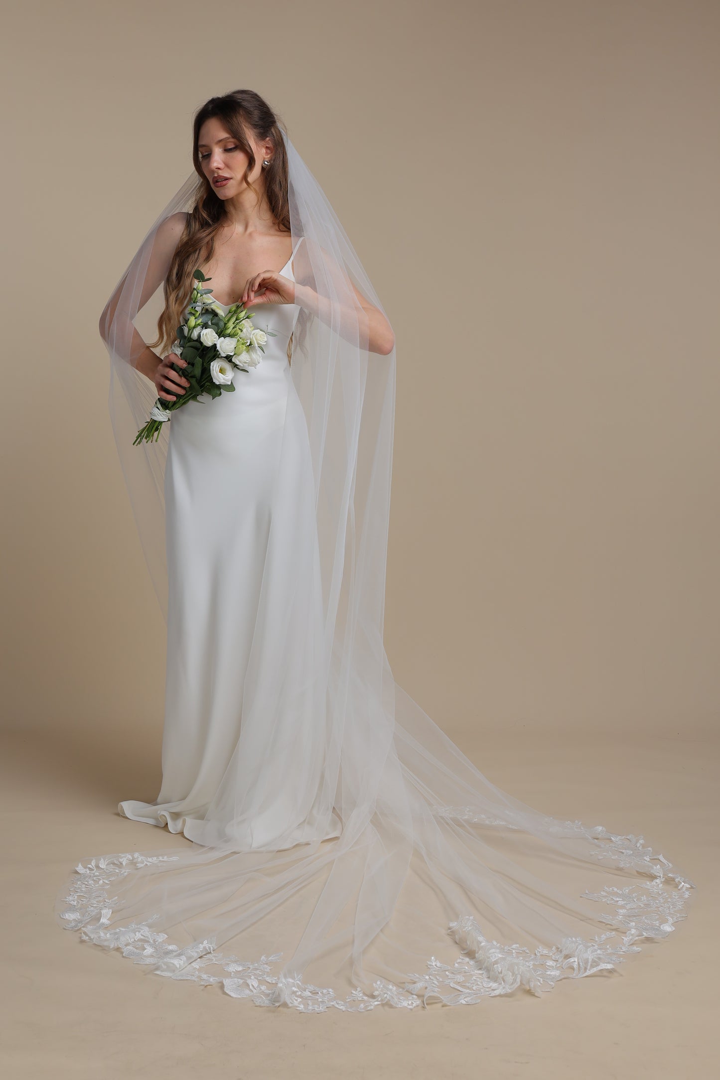 Ethereal One Tier Cathedral Veil with Floral Appliques on Train | Long Romantic Bridal Veil,M1104