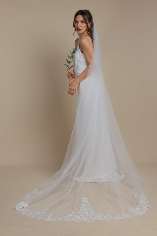 Handmade Long One Tier Veil with Floral Lace Appliques — Cathedral Veil with Flower Train,M1105