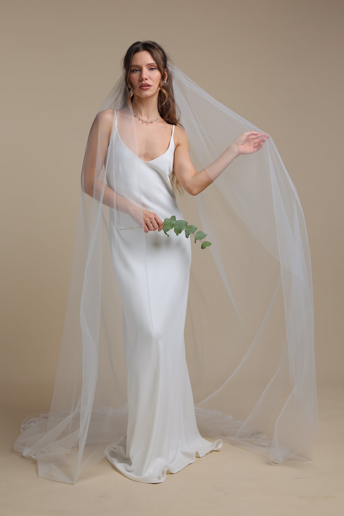 Handmade Long One Tier Veil with Floral Lace Appliques — Cathedral Veil with Flower Train,M1105