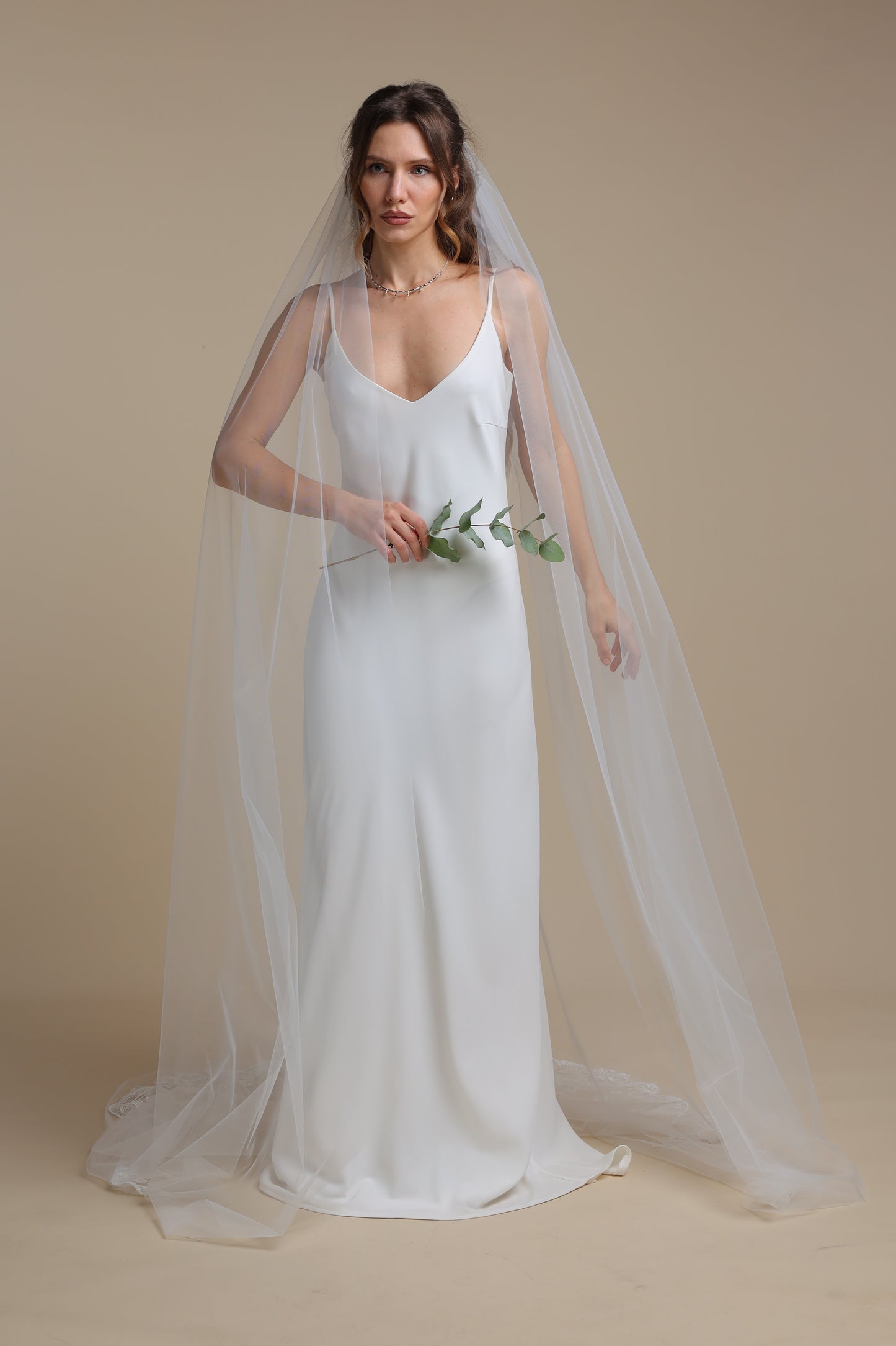 Handmade Long One Tier Veil with Floral Lace Appliques — Cathedral Veil with Flower Train,M1105