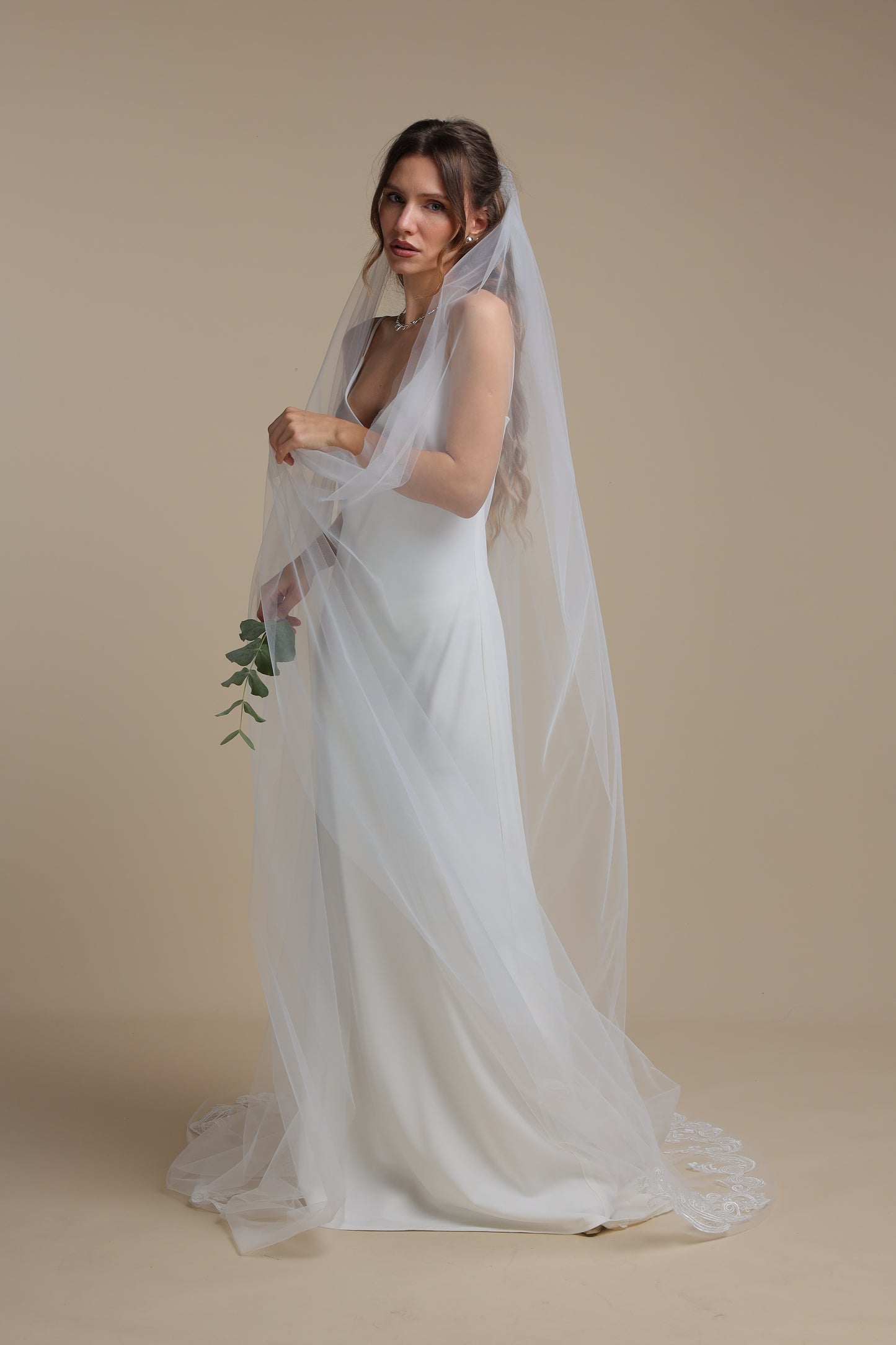 Handmade Long One Tier Veil with Floral Lace Appliques — Cathedral Veil with Flower Train,M1105