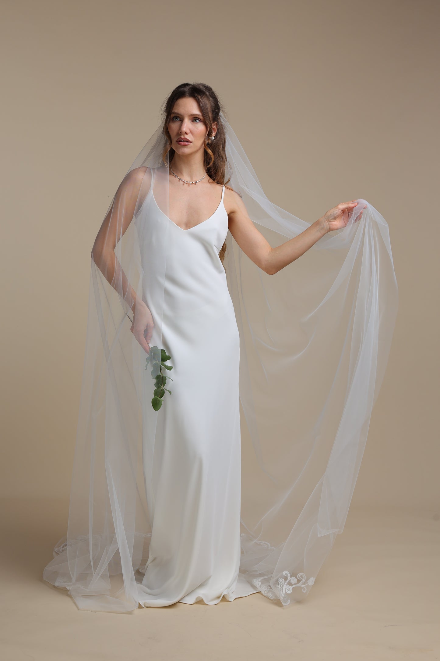 Handmade Long One Tier Veil with Floral Lace Appliques — Cathedral Veil with Flower Train,M1105