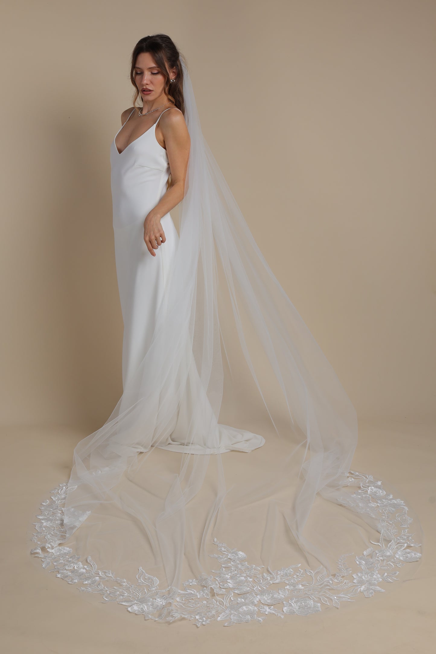 Floral Long Bridal Veil — One Tier Cathedral Veil with Lace Appliques on Train,M1106