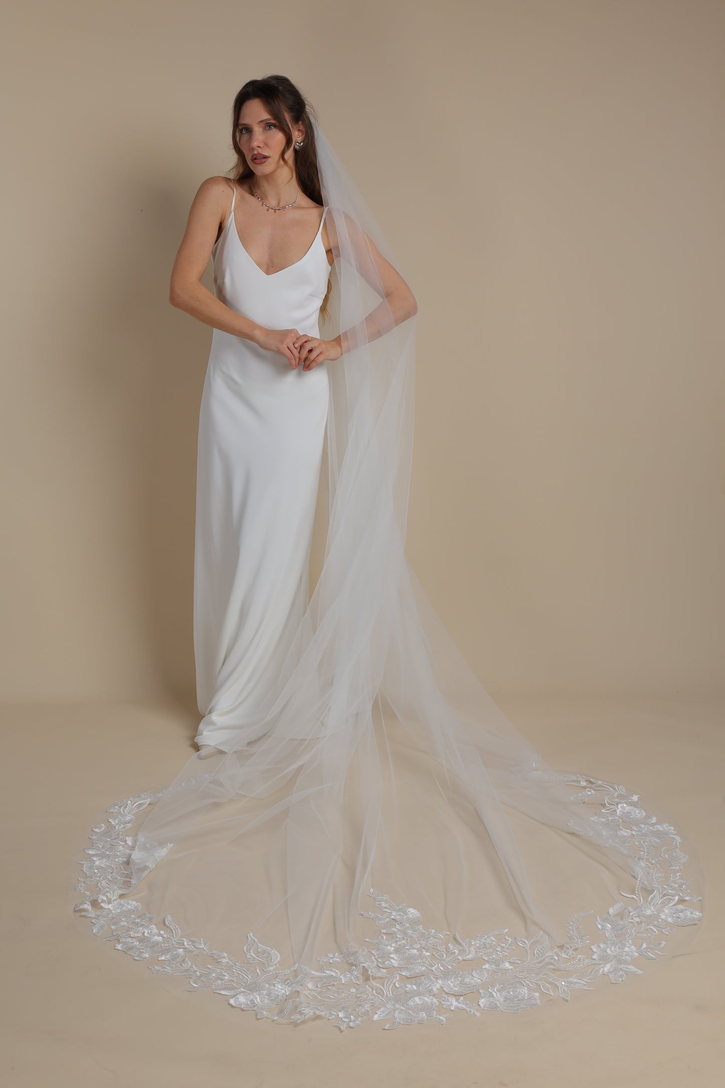 Floral Long Bridal Veil — One Tier Cathedral Veil with Lace Appliques on Train,M1106