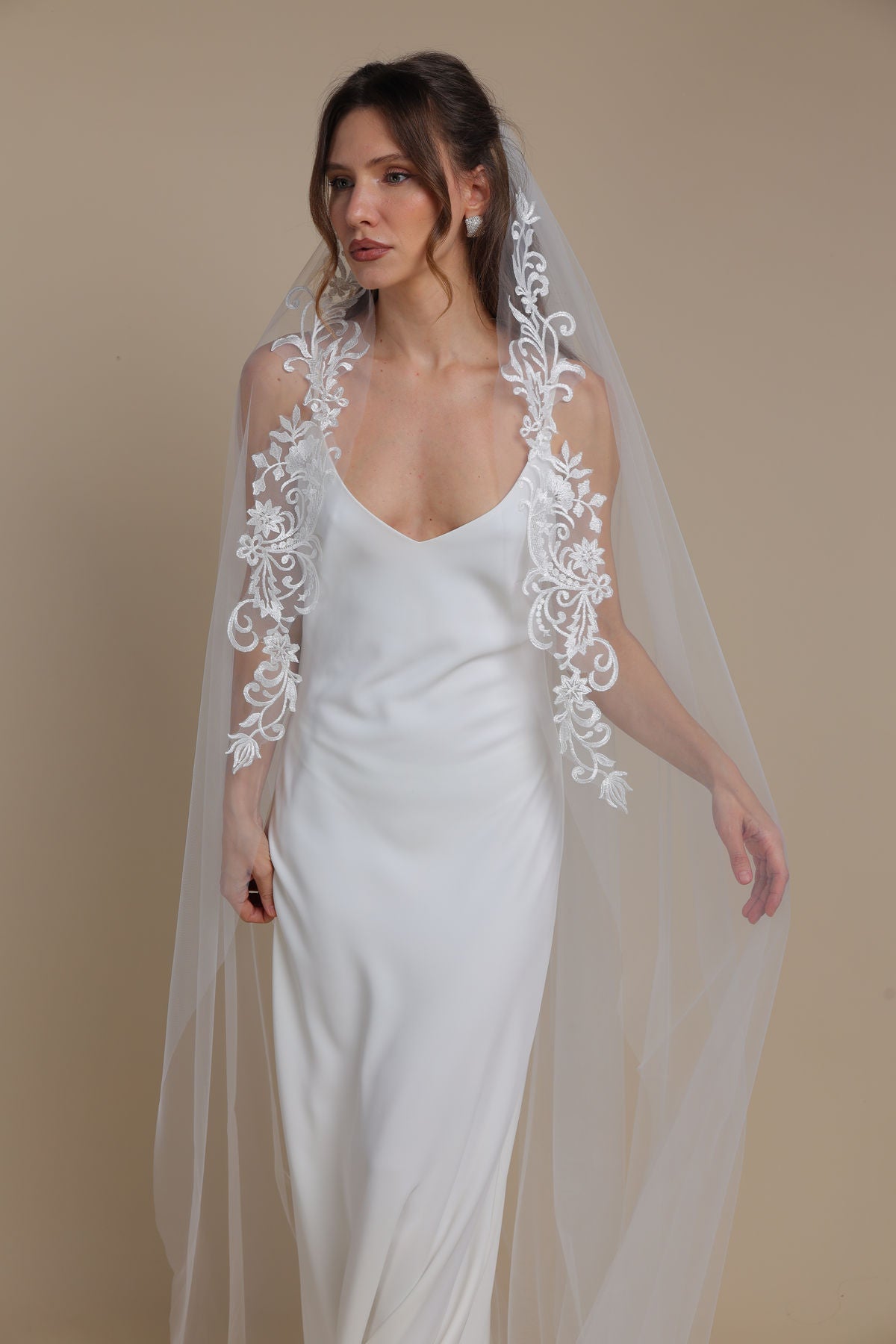 Handmade Long  Veil with Lace Vine Edge — One Tier Bridal Veil with Floral Appliques,M1101
