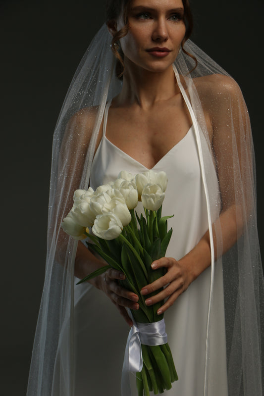 Elegant Long Satin Edge Wedding Veil with Glitter & Ribbon - Classic Chapel Bridal Veil