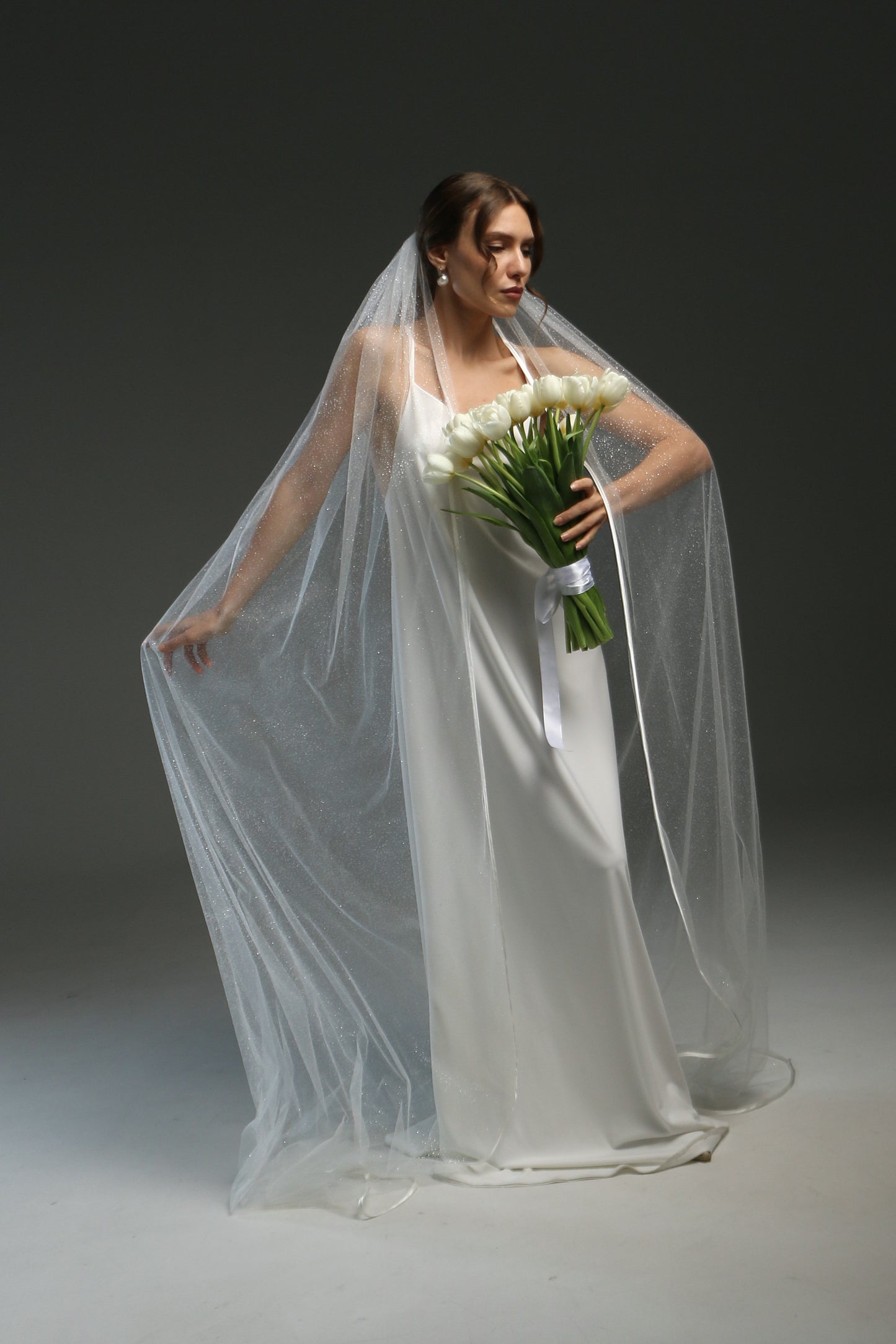 Elegant Long Satin Edge Wedding Veil with Glitter & Ribbon - Classic Chapel Bridal Veil