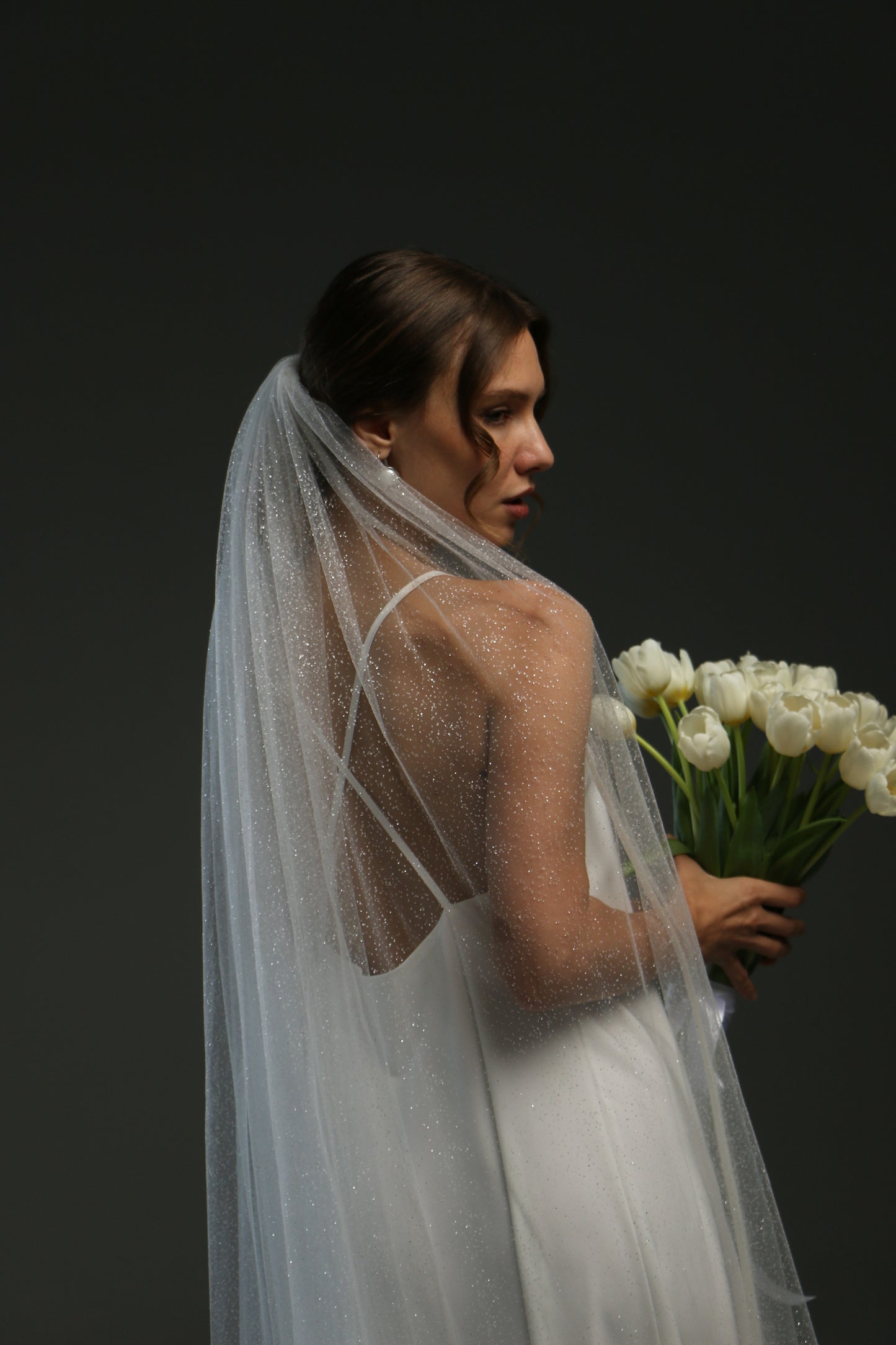 Elegant Long Satin Edge Wedding Veil with Glitter & Ribbon - Classic Chapel Bridal Veil