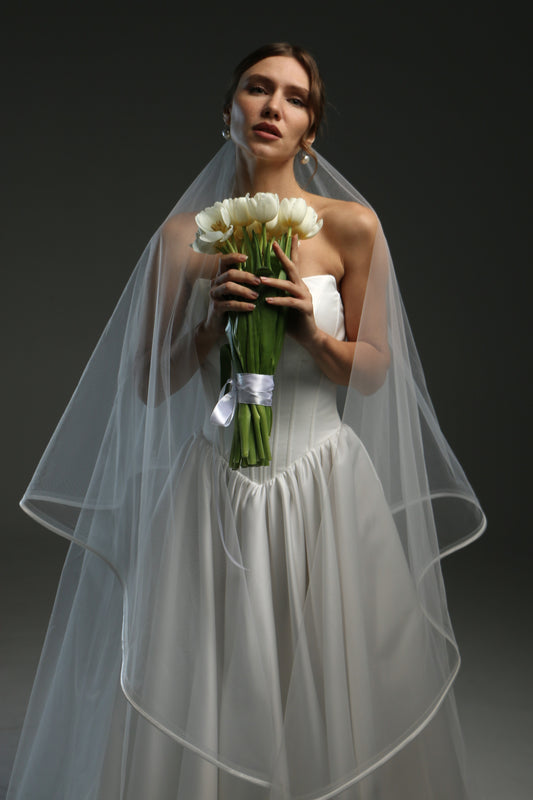 Ivory Satin Edge Veil – Double Layer Soft English Tulle Fingertip Drop Veil with Horsehair Trim