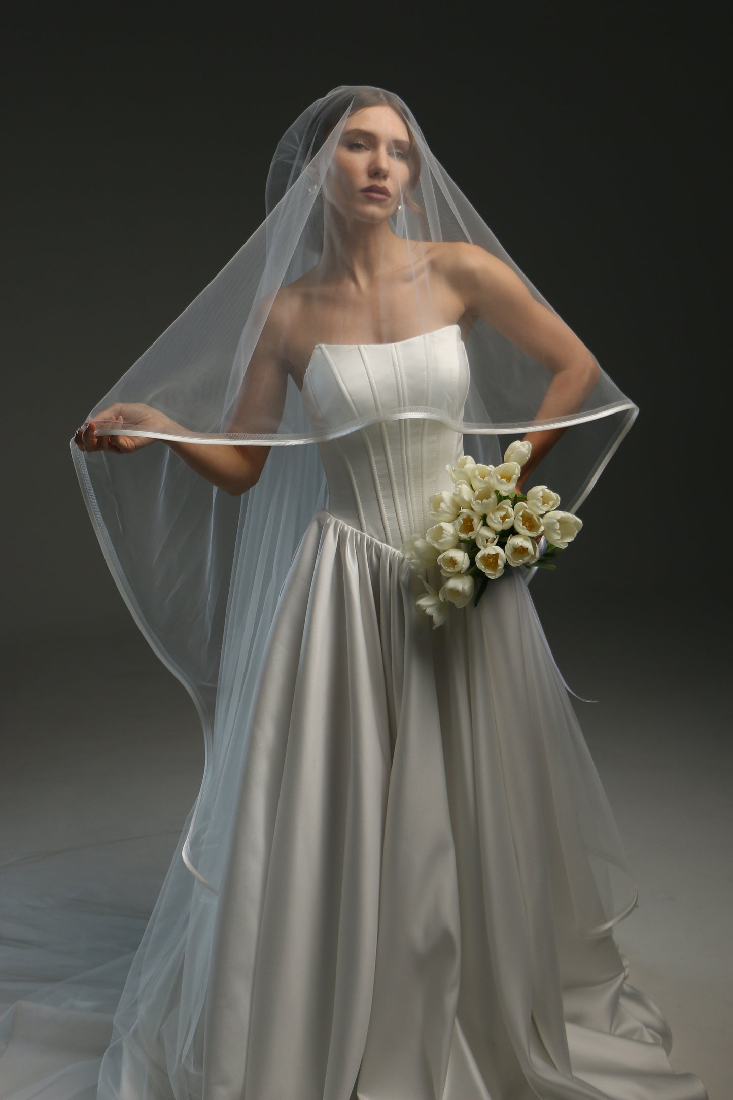 Ivory Satin Edge Veil – Double Layer Soft English Tulle Fingertip Drop Veil with Horsehair Trim
