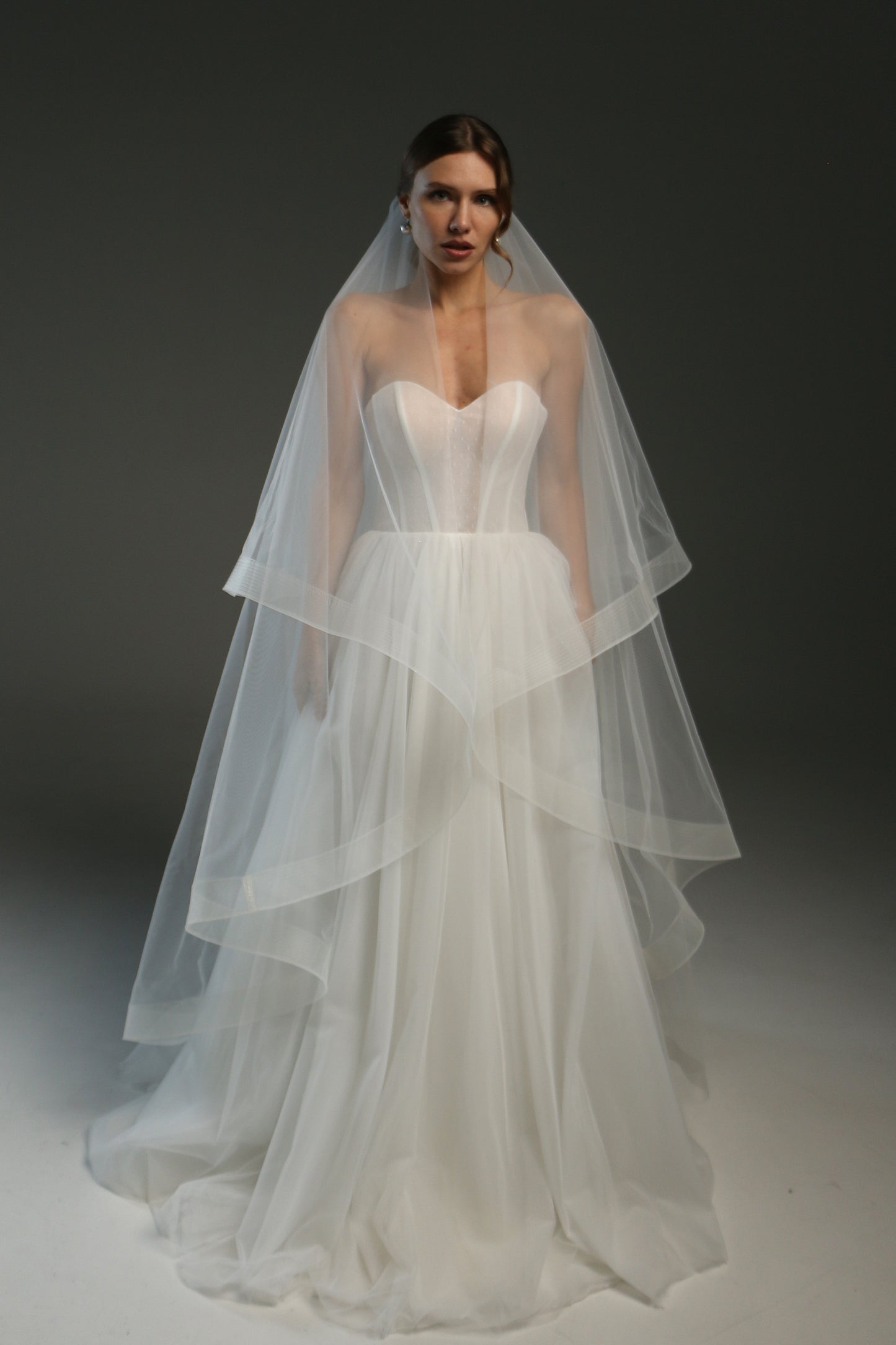 Ivory Bridal Veil - Soft English Tulle Fingertip Drop Veil with Double Layer & Horsehair Crinoline Trim