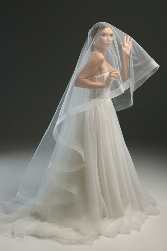 Ivory Bridal Veil - Soft English Tulle Fingertip Drop Veil with Double Layer & Horsehair Crinoline Trim
