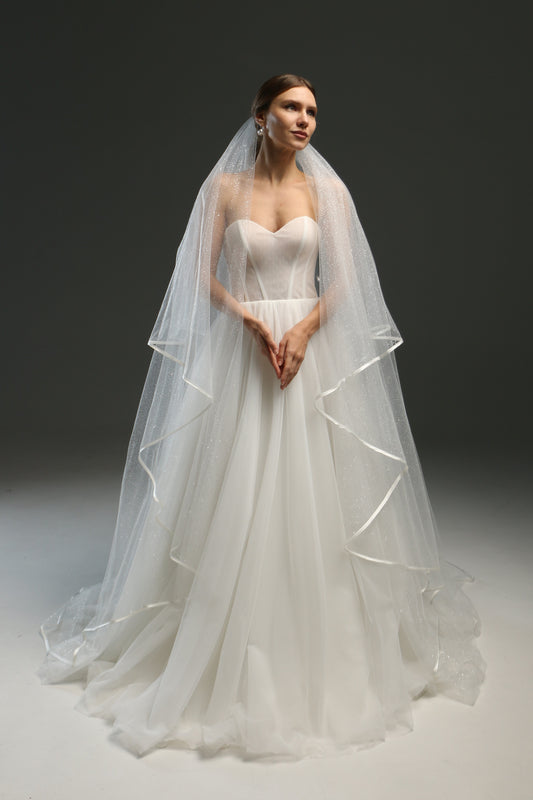 Classic Chapel Wedding Veil with Satin Edge, Glitter, and Ribbon - Long Bridal Veil