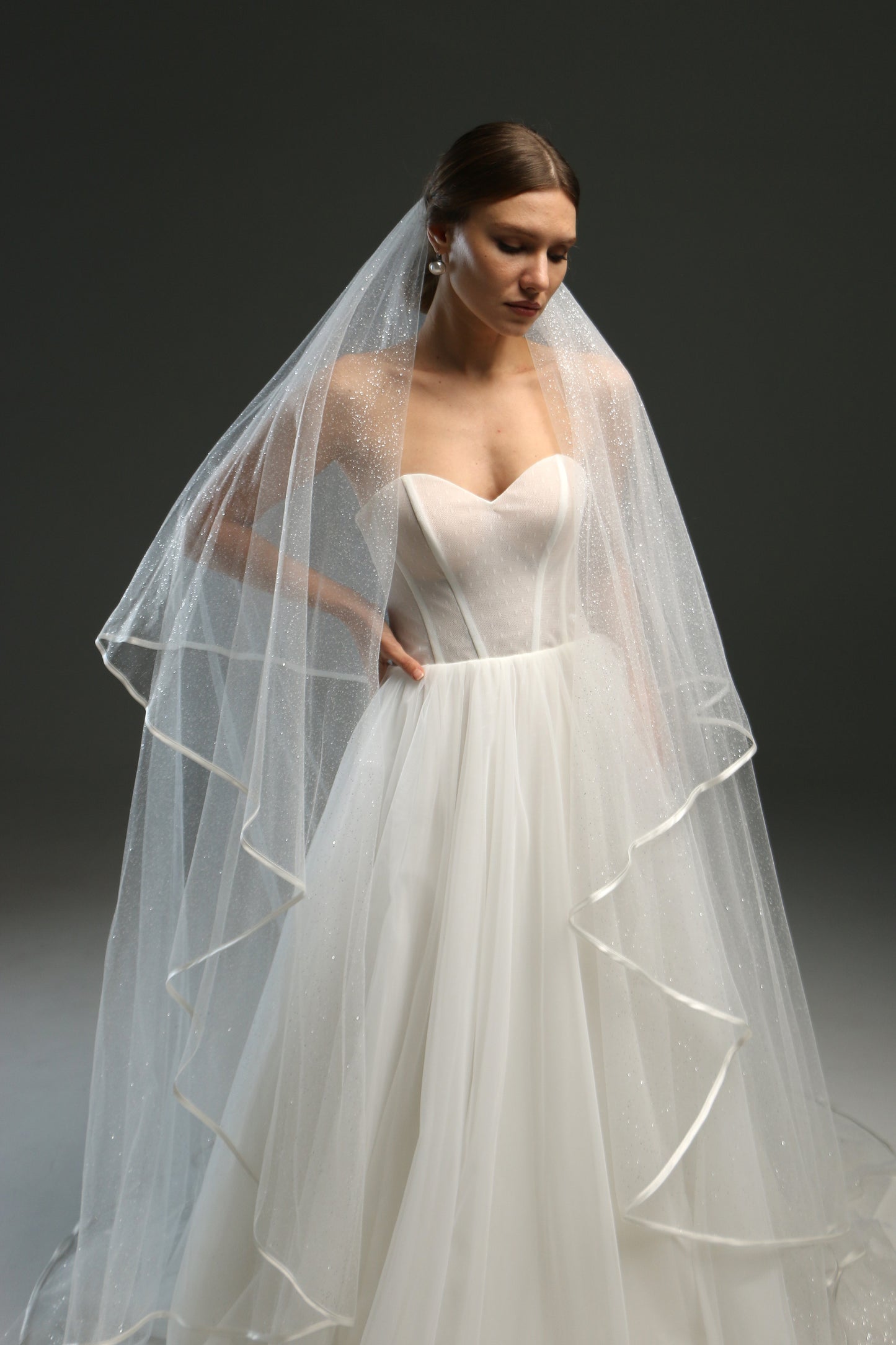 Classic Chapel Wedding Veil with Satin Edge, Glitter, and Ribbon - Long Bridal Veil