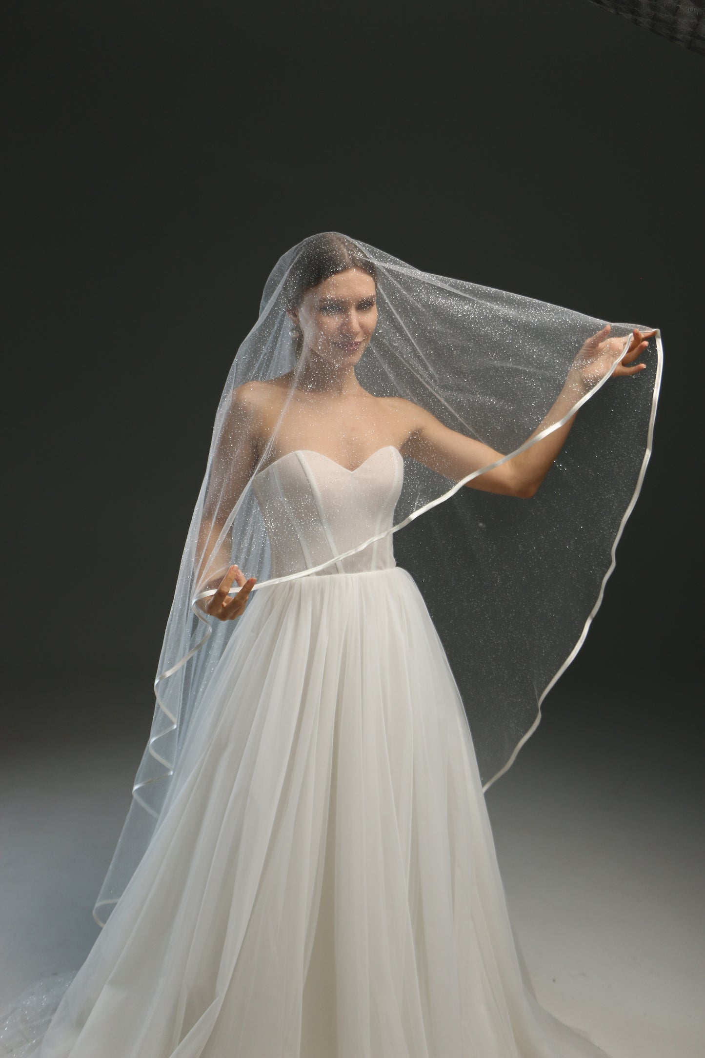 Classic Chapel Wedding Veil with Satin Edge, Glitter, and Ribbon - Long Bridal Veil