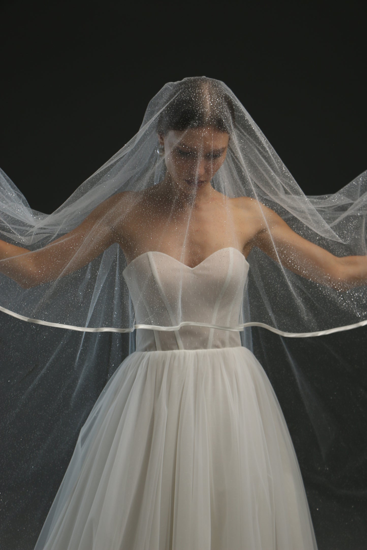 Classic Chapel Wedding Veil with Satin Edge, Glitter, and Ribbon - Long Bridal Veil