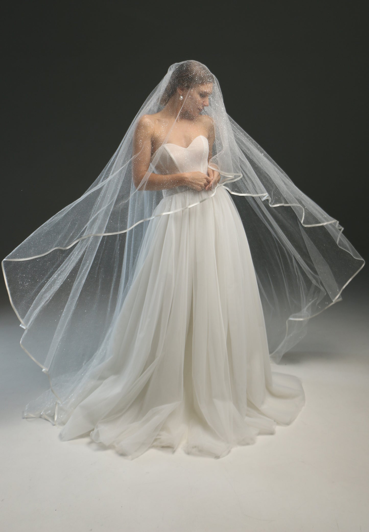 Classic Chapel Wedding Veil with Satin Edge, Glitter, and Ribbon - Long Bridal Veil