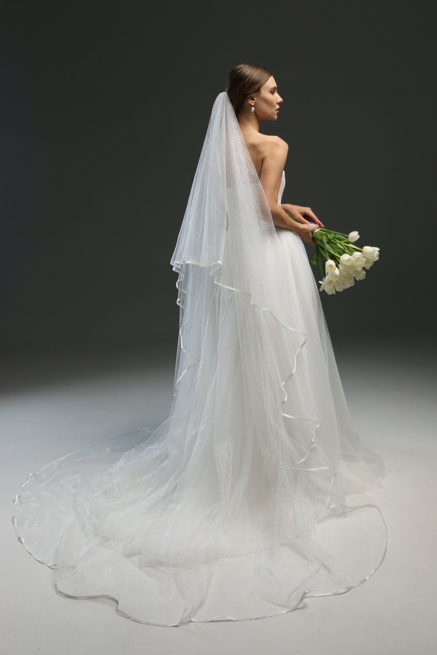 Classic Chapel Wedding Veil with Satin Edge, Glitter, and Ribbon - Long Bridal Veil