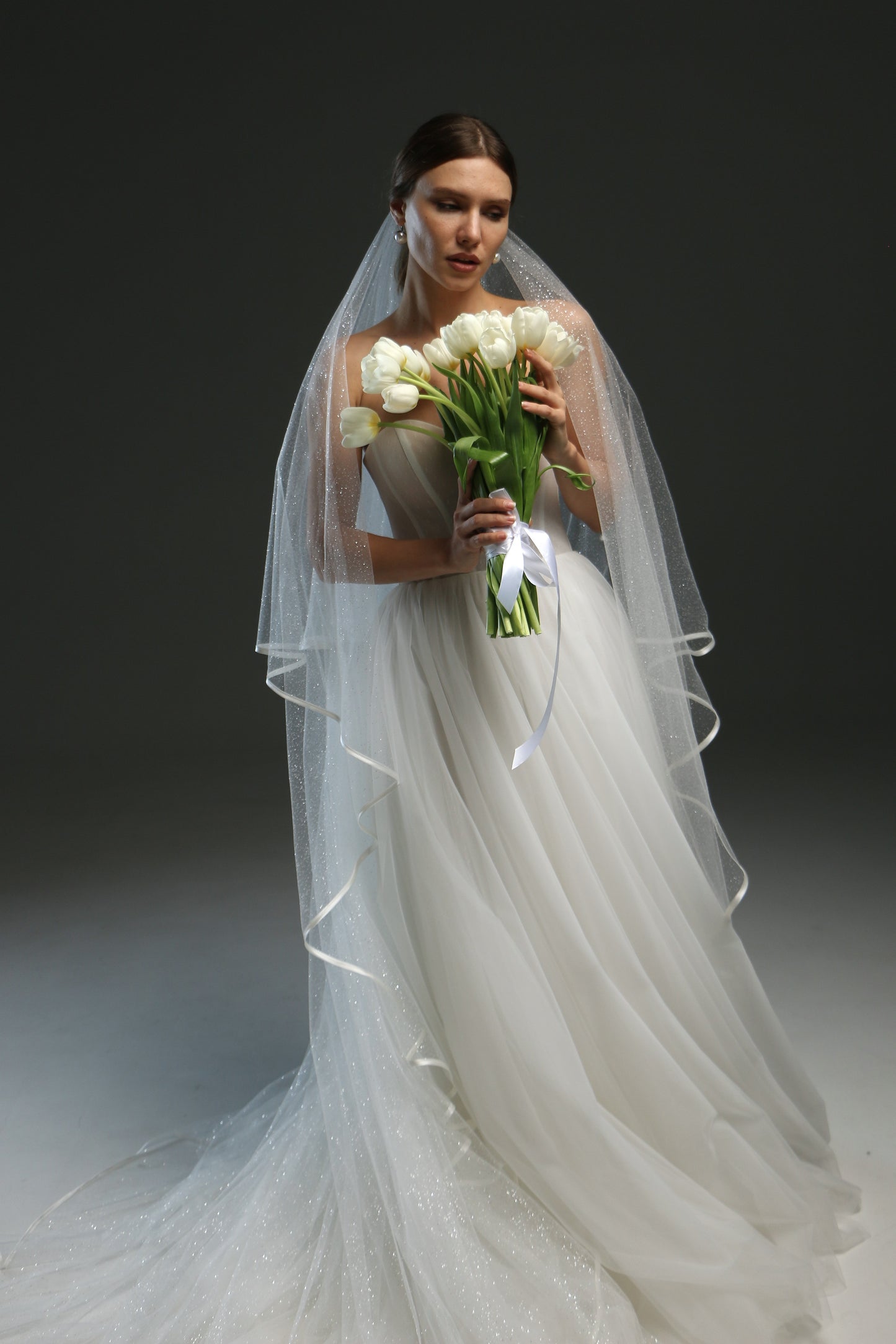 Classic Chapel Wedding Veil with Satin Edge, Glitter, and Ribbon - Long Bridal Veil