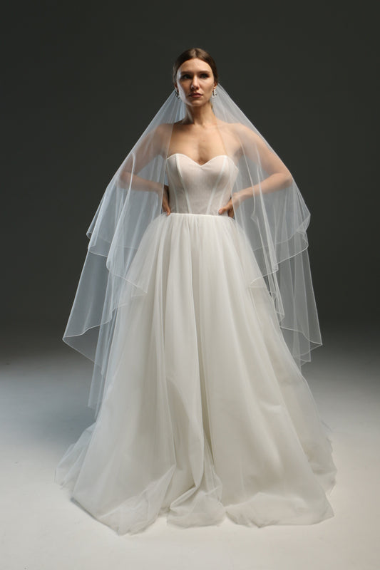 Sheer Drop Pencil Edge Bridal Veil – Double Layer Blusher Veil, Cathedral Length, Dramatic Wedding Veil