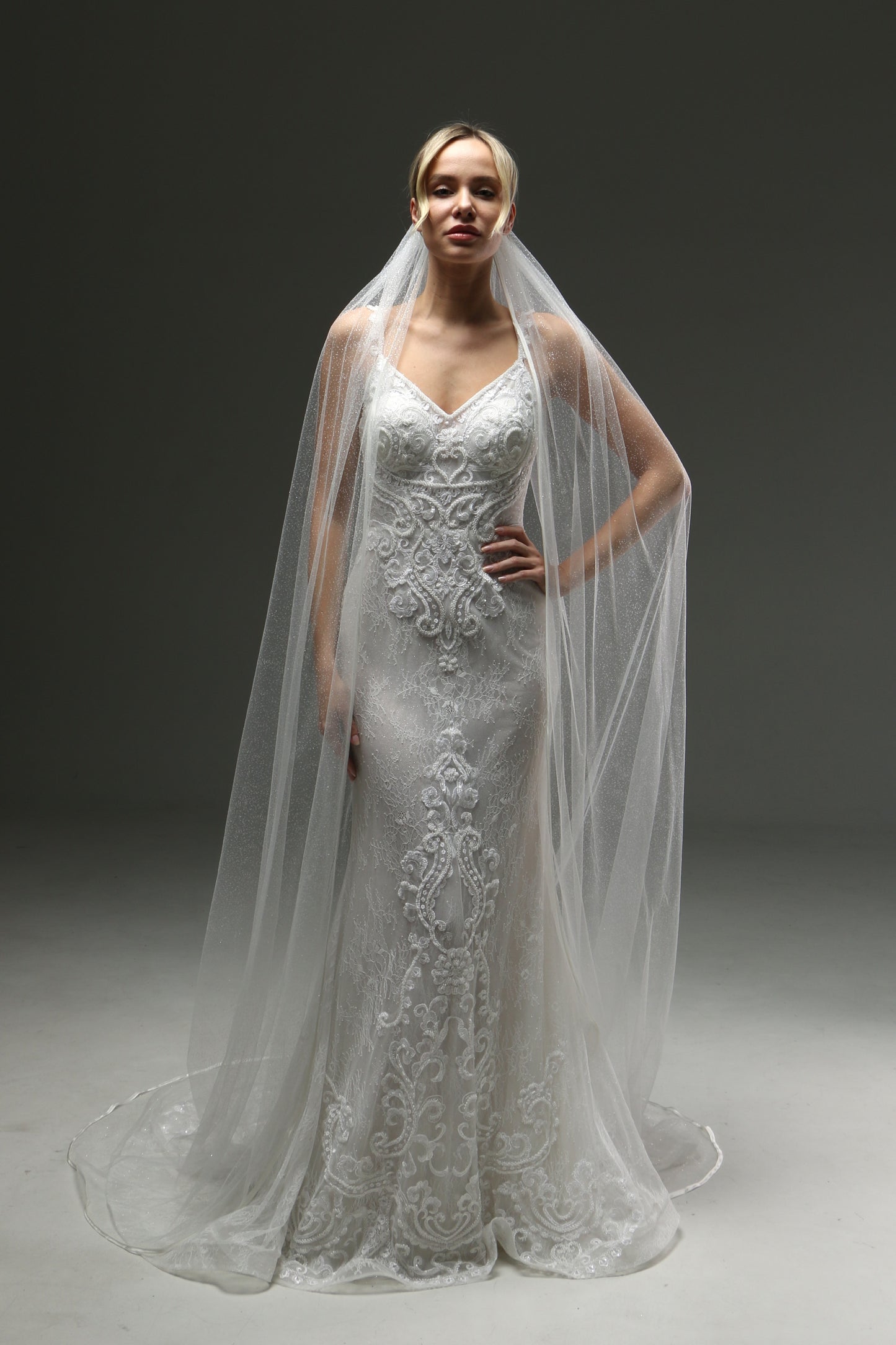 Cathedral Veil Soft Shine - One Layer Wedding Veil with Satin Edge, Sparkly Tulle Veil, Fingertip or Chapel Length