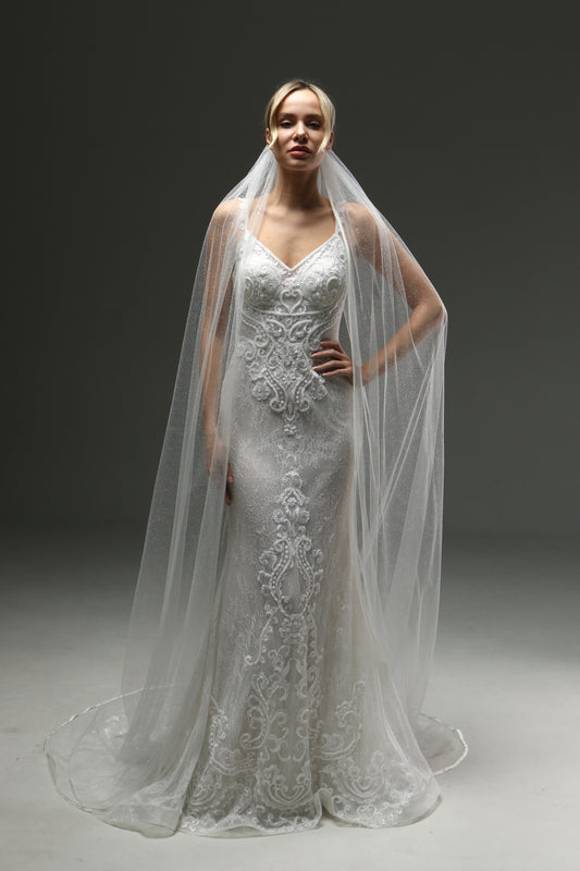 Cathedral Veil Soft Shine - One Layer Wedding Veil with Satin Edge, Sparkly Tulle Veil, Fingertip or Chapel Length
