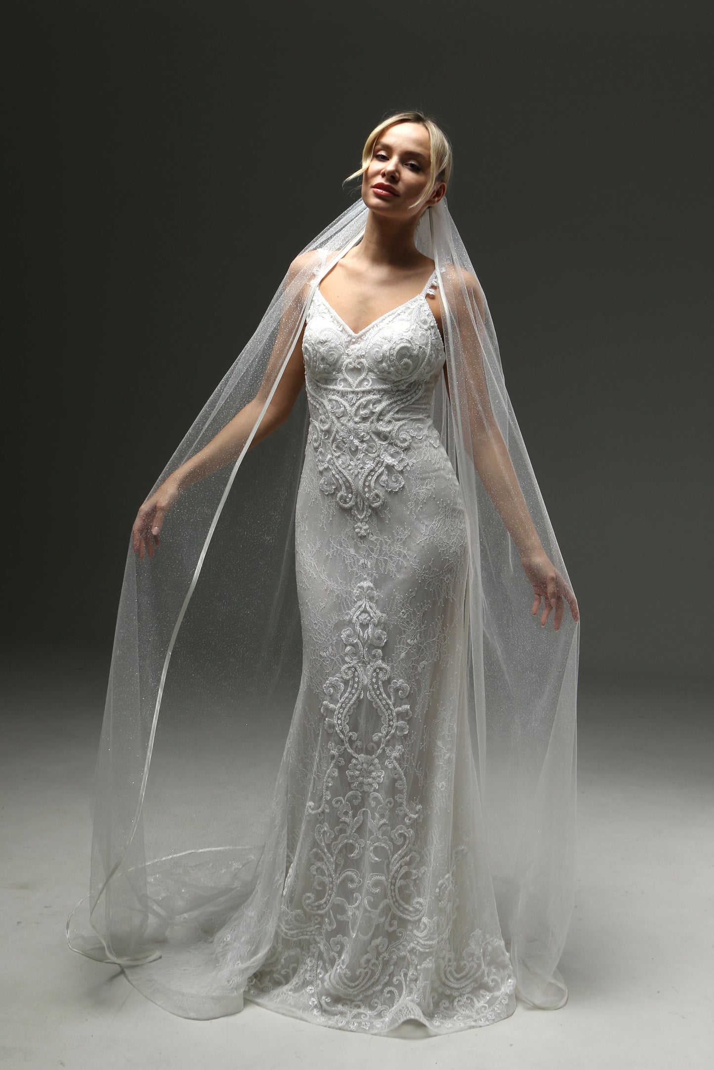 Cathedral Veil Soft Shine - One Layer Wedding Veil with Satin Edge, Sparkly Tulle Veil, Fingertip or Chapel Length