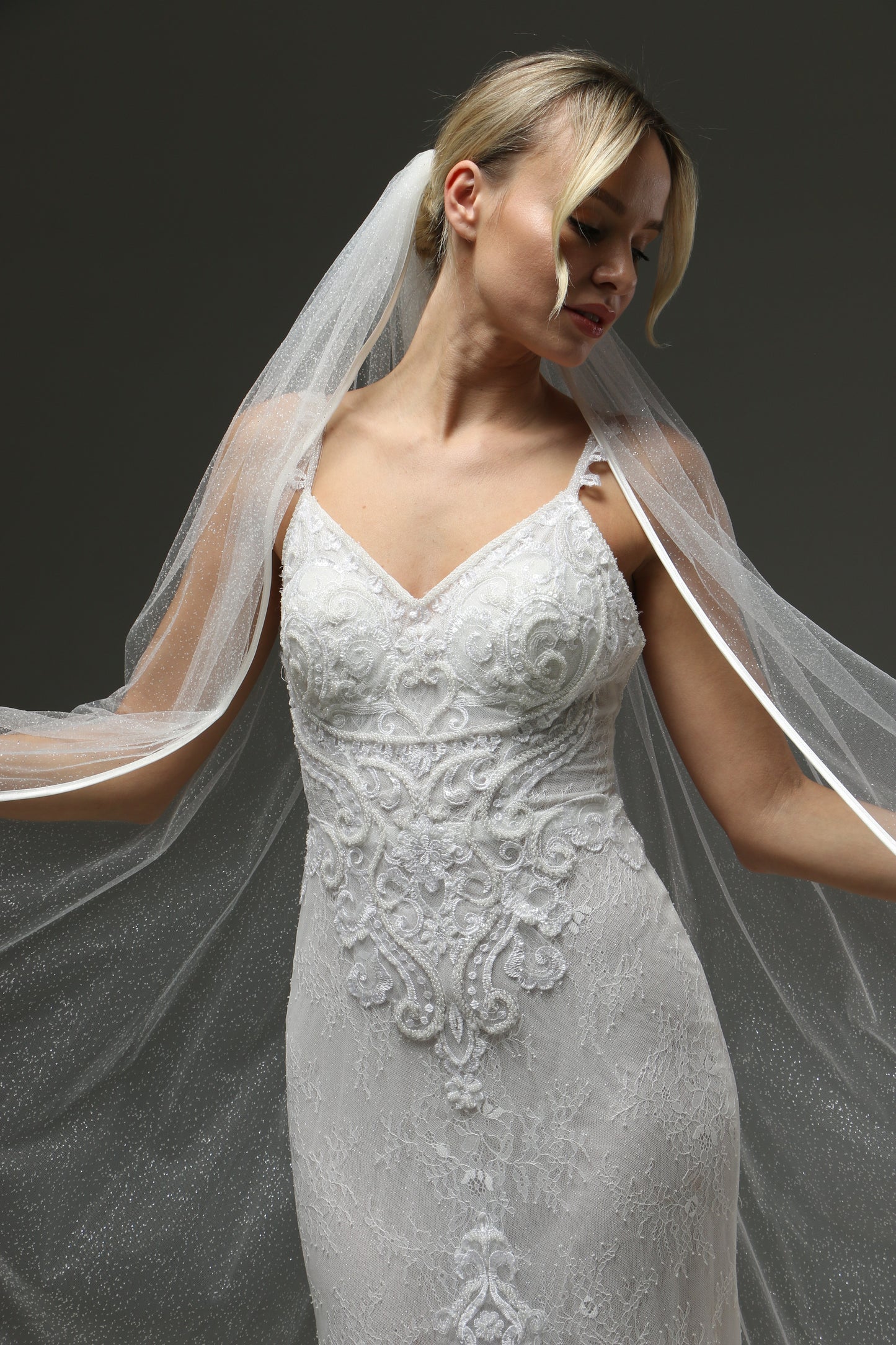 Cathedral Veil Soft Shine - One Layer Wedding Veil with Satin Edge, Sparkly Tulle Veil, Fingertip or Chapel Length
