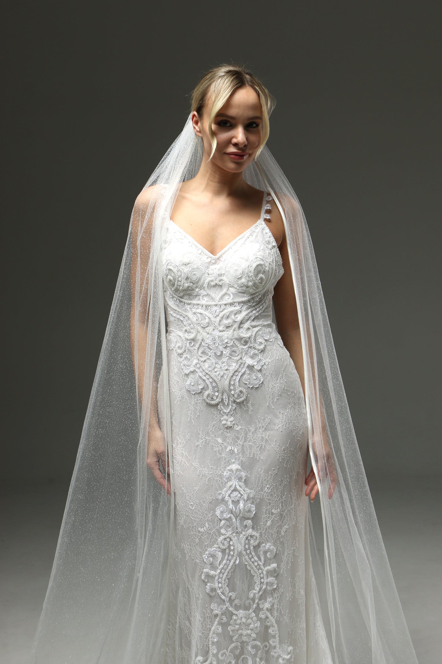 Cathedral Veil Soft Shine - One Layer Wedding Veil with Satin Edge, Sparkly Tulle Veil, Fingertip or Chapel Length