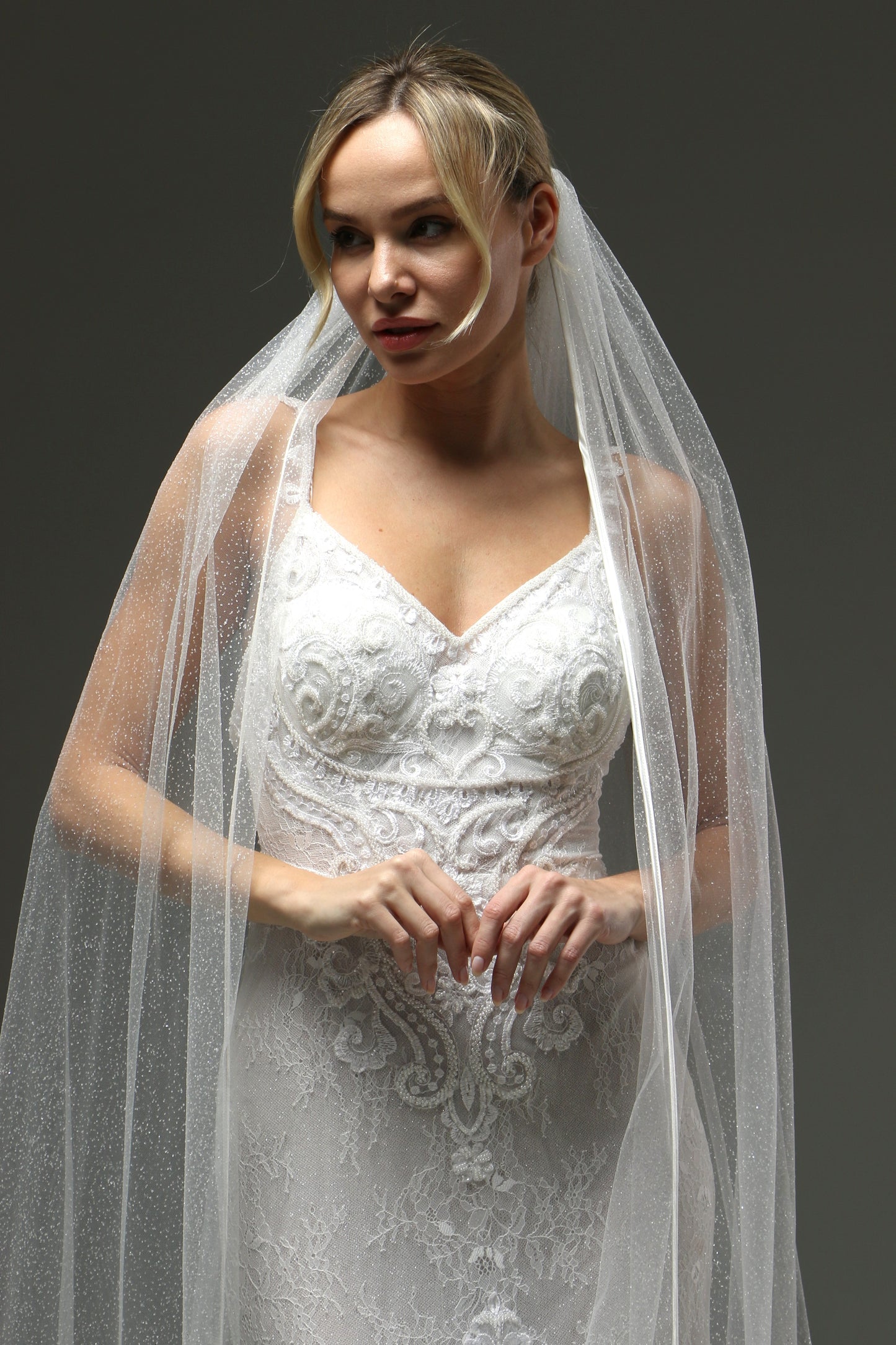Cathedral Veil Soft Shine - One Layer Wedding Veil with Satin Edge, Sparkly Tulle Veil, Fingertip or Chapel Length