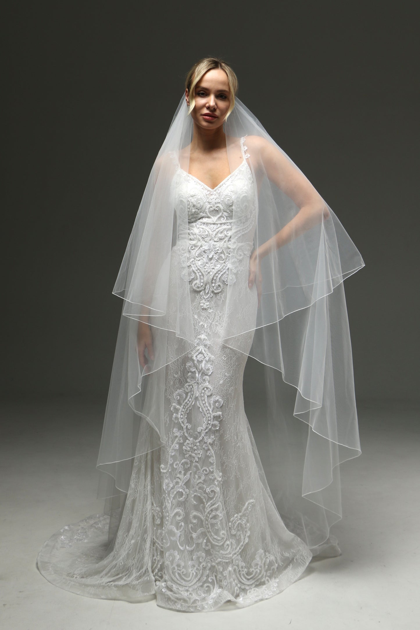 Sheer Wedding Veil With Pencil Edge - 2 Layers Blusher Veil, Cathedral Length, Statement Wedding Ve