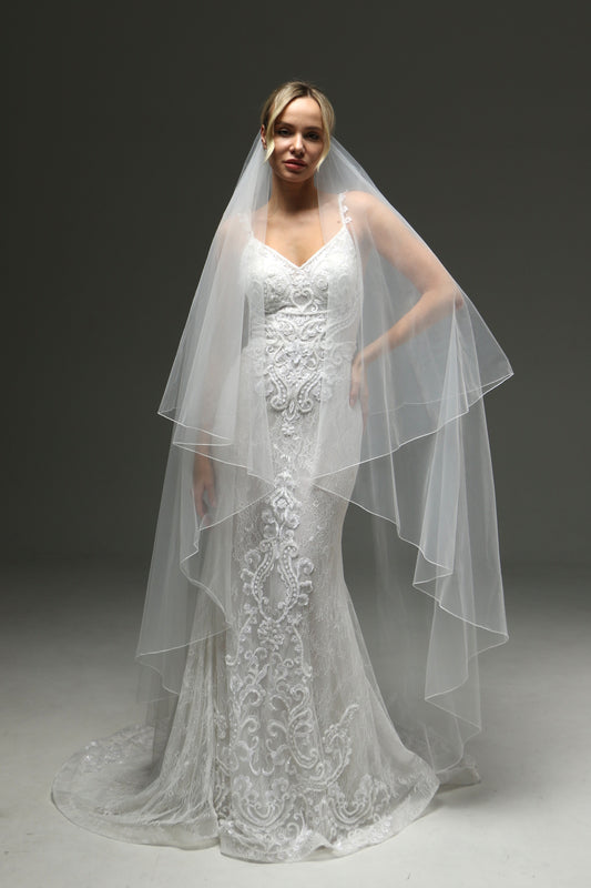 Sheer Wedding Veil With Pencil Edge - 2 Layers Blusher Veil, Cathedral Length, Statement Wedding Ve