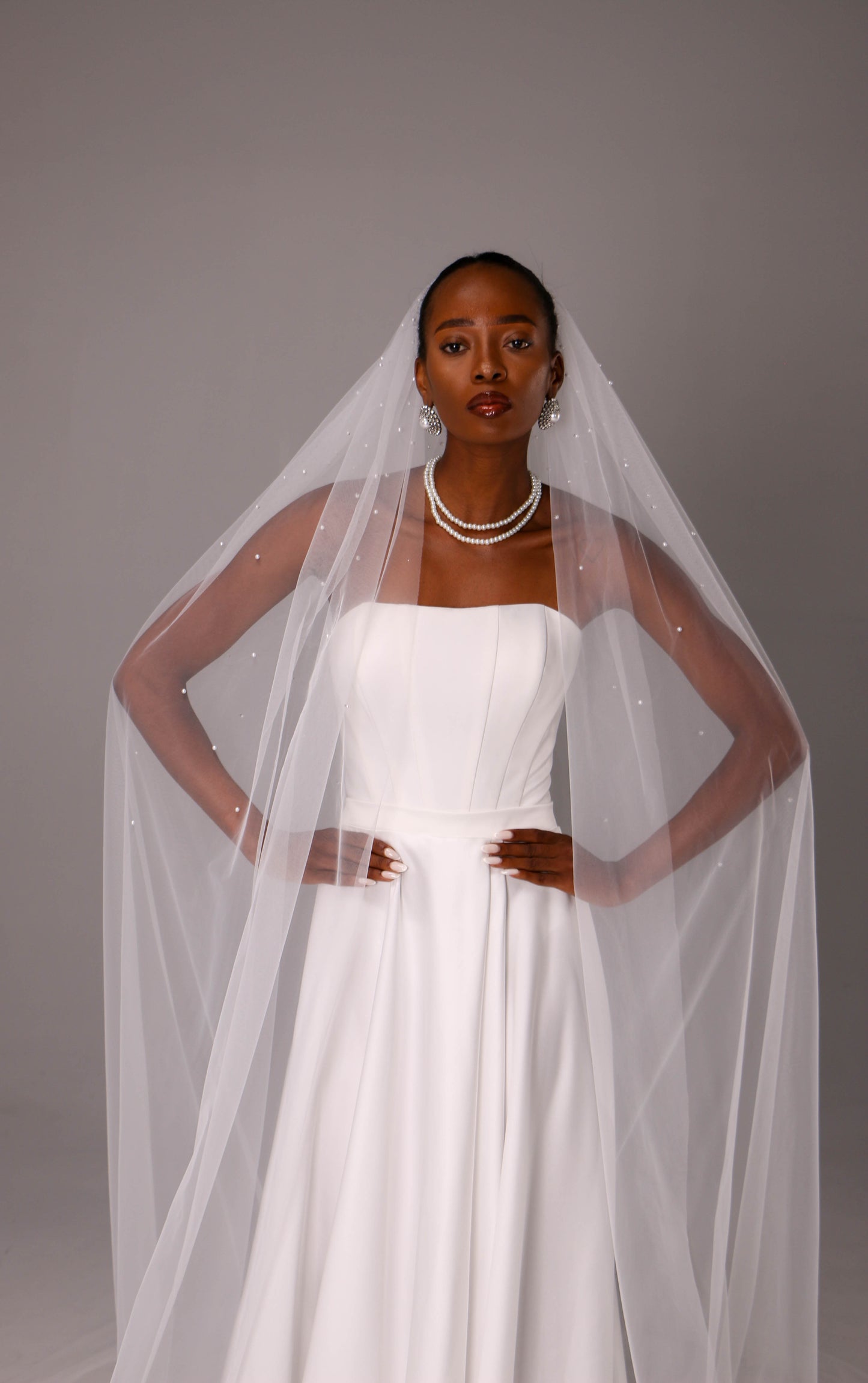 One Tier Wedding Veil with Pearls