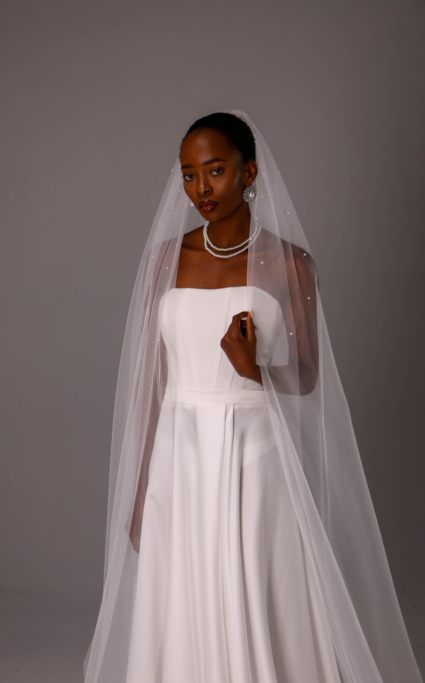 One Tier Wedding Veil with Pearls