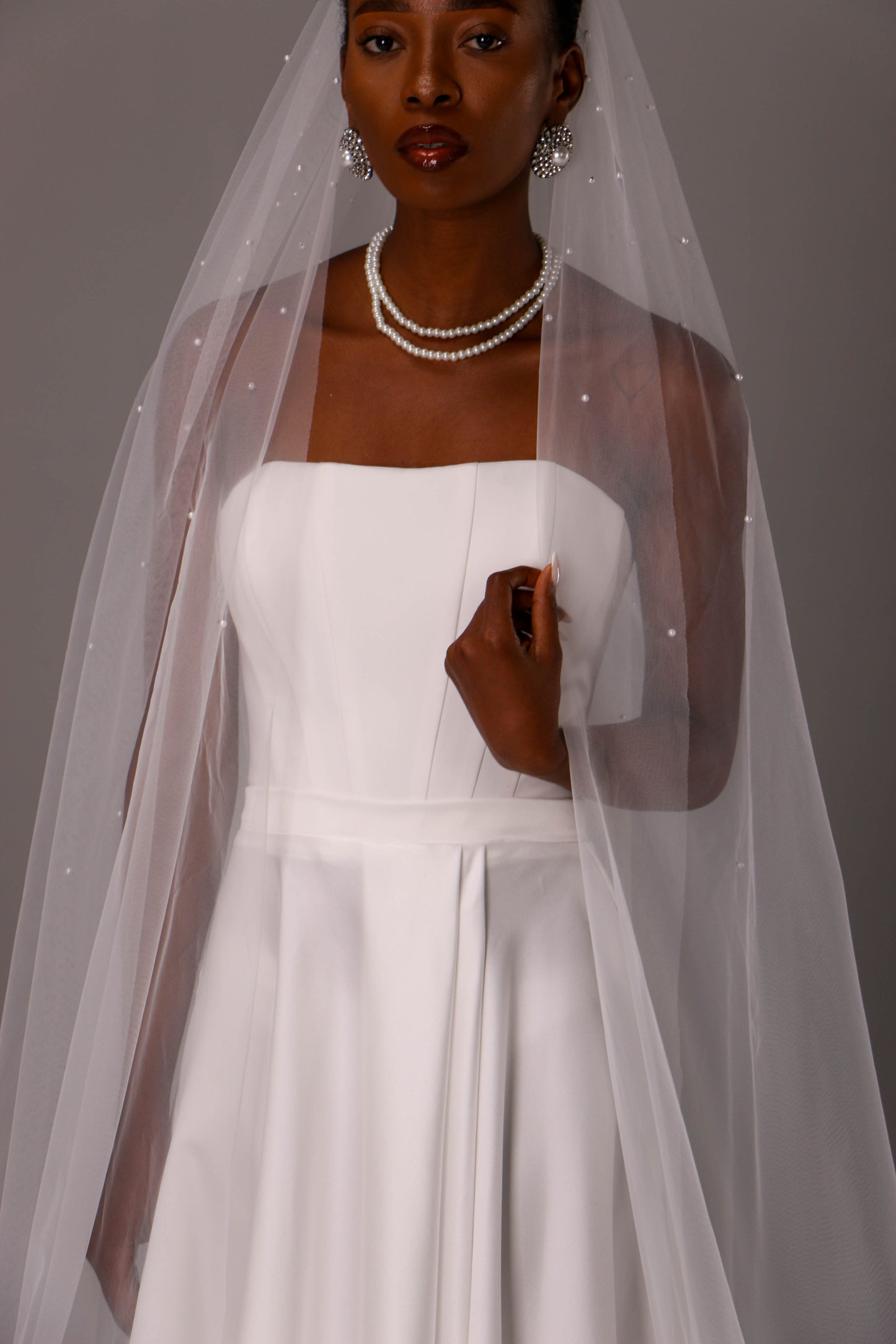 One Tier Wedding Veil with Pearls