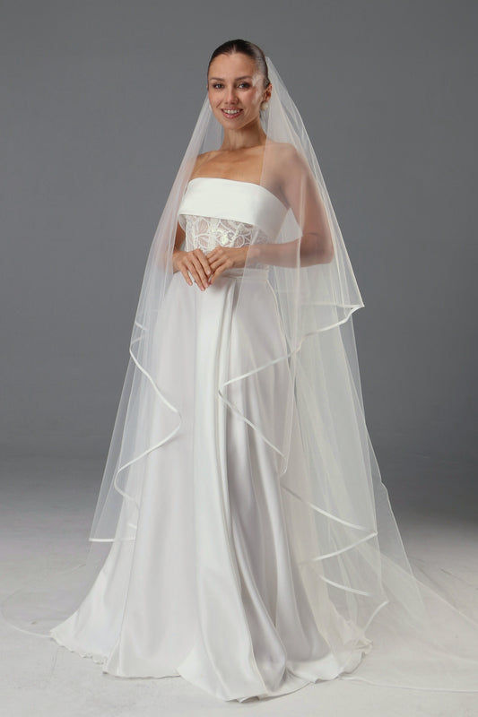 Two-Tier Satin Ribbon Wedding Veil: Italian Tulle Drop Veil - M1087