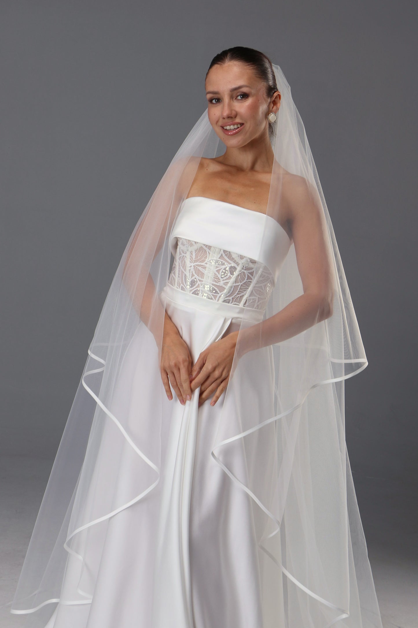Two-Tier Satin Ribbon Wedding Veil: Italian Tulle Drop Veil - M1087