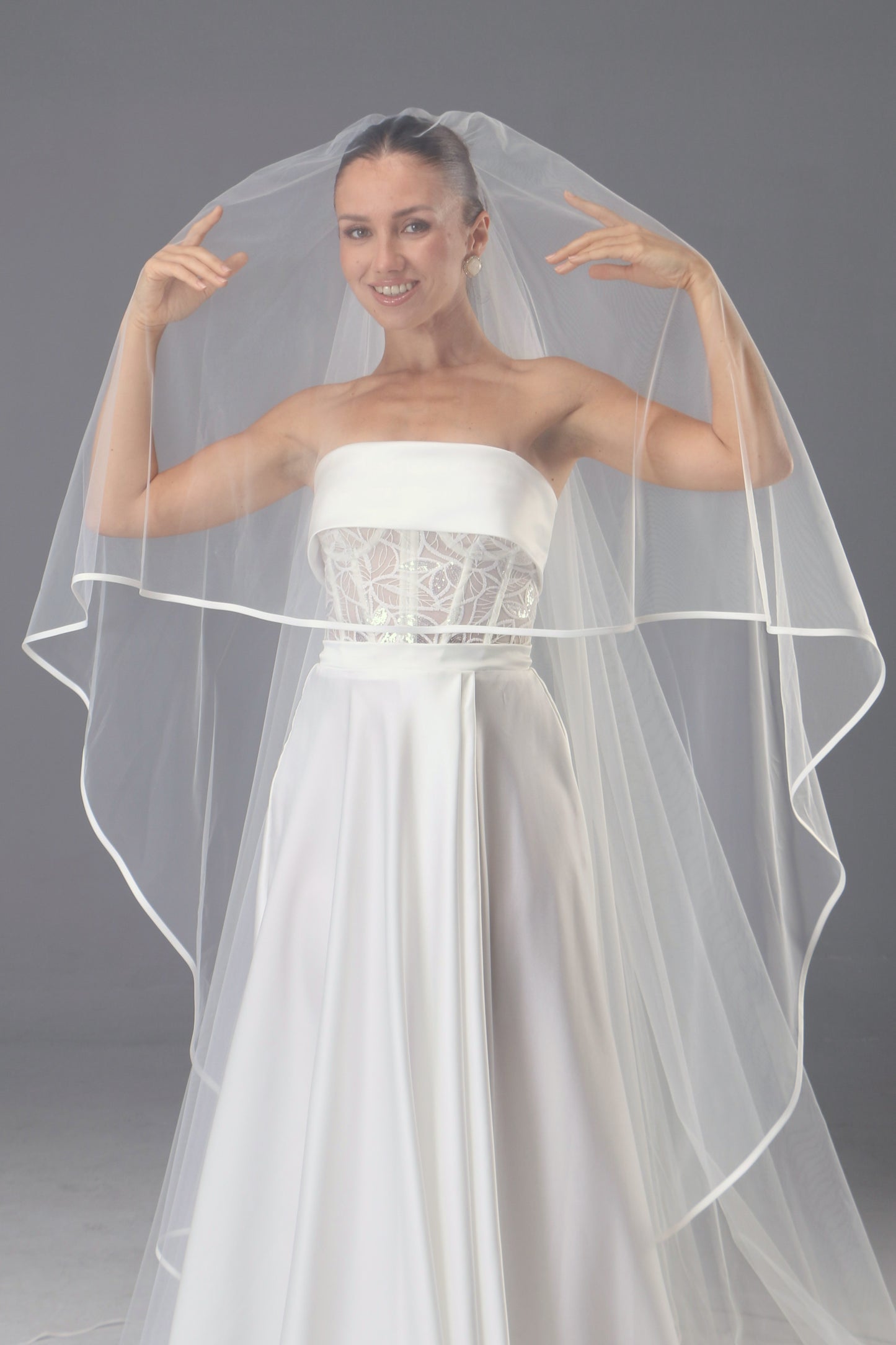 Two-Tier Satin Ribbon Wedding Veil: Italian Tulle Drop Veil - M1087