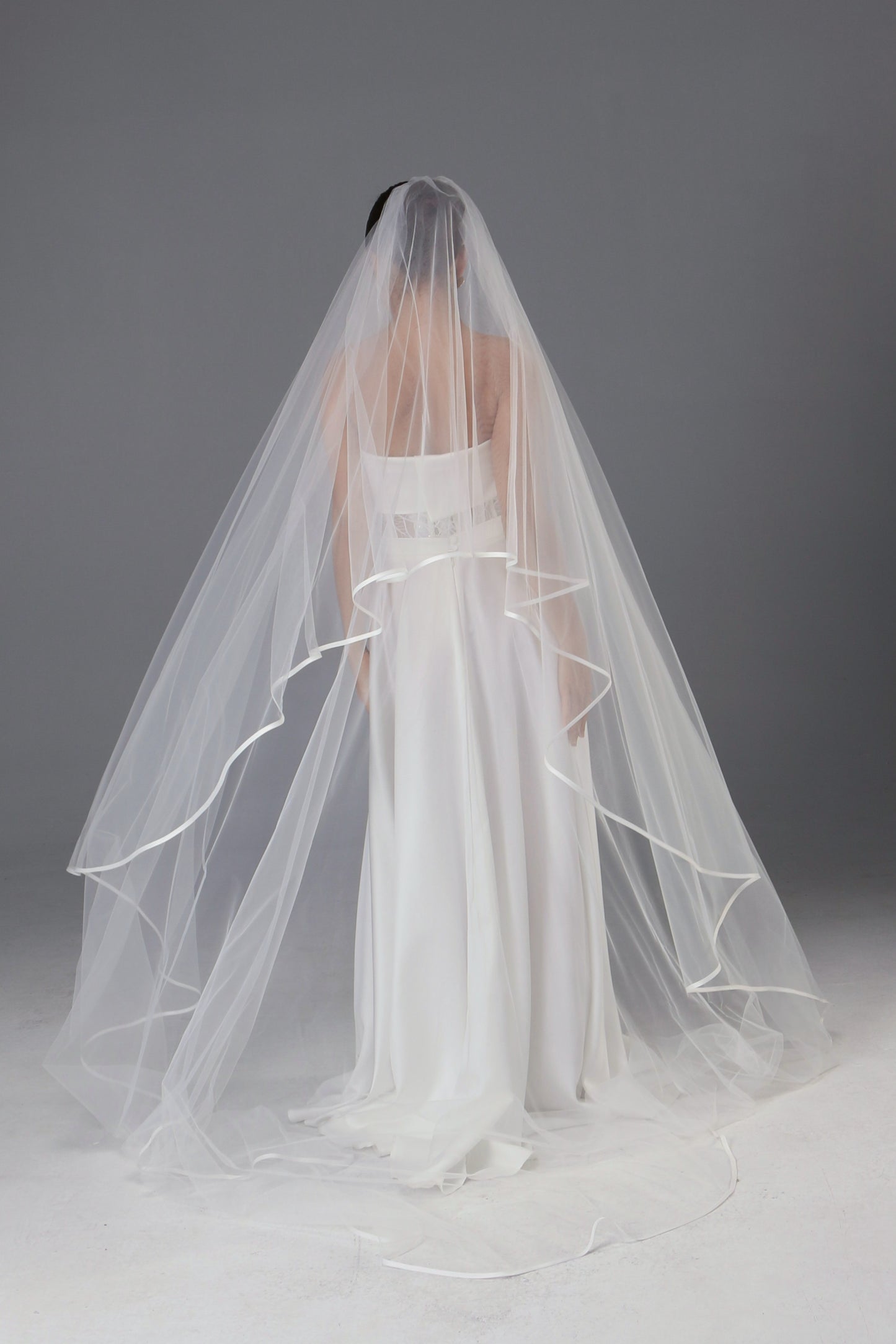 Two-Tier Satin Ribbon Wedding Veil: Italian Tulle Drop Veil - M1087