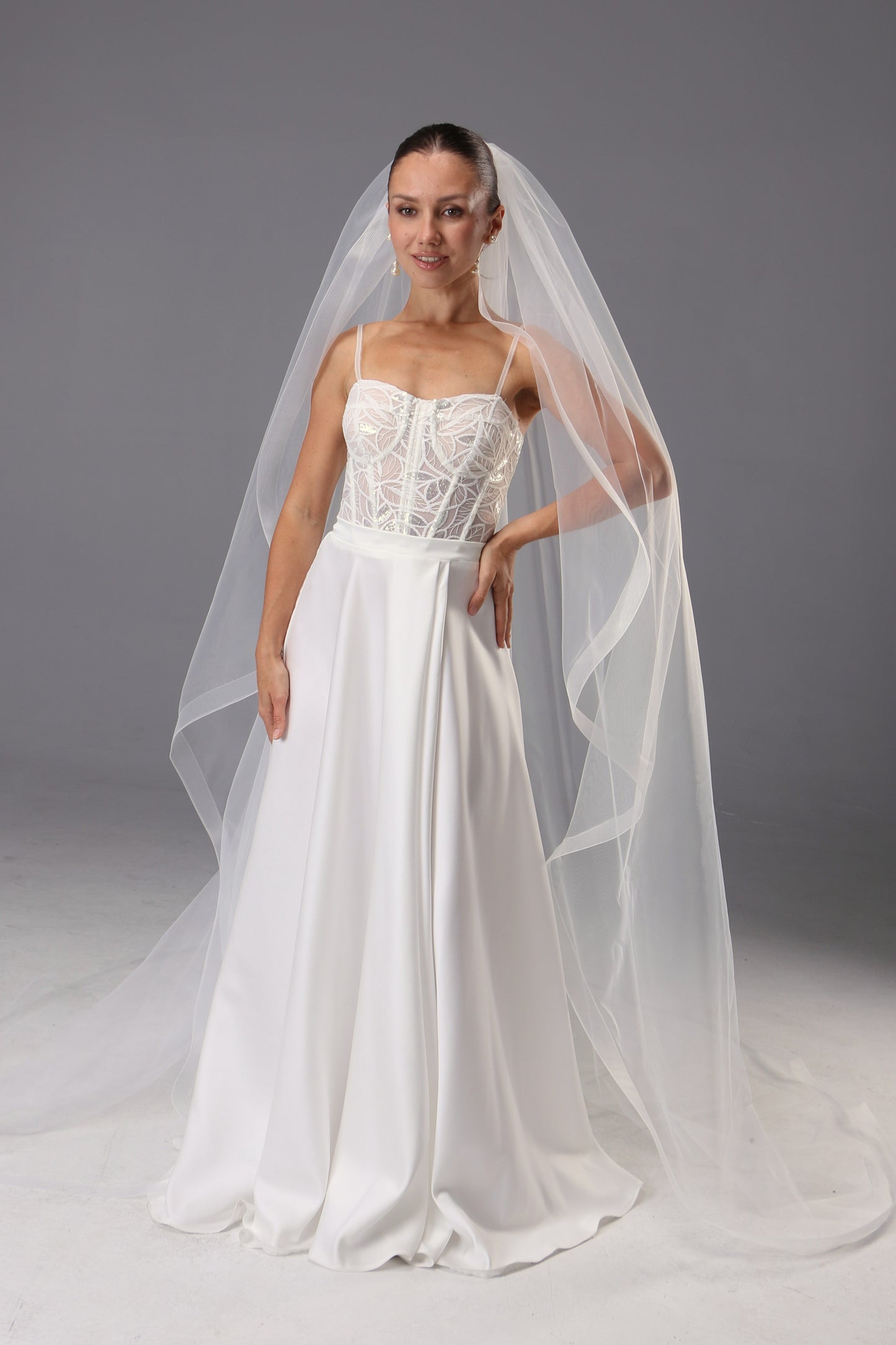 Cathedral Wedding Veil: Ivory Tulle with Horsehair Trim - Handmade - M1085