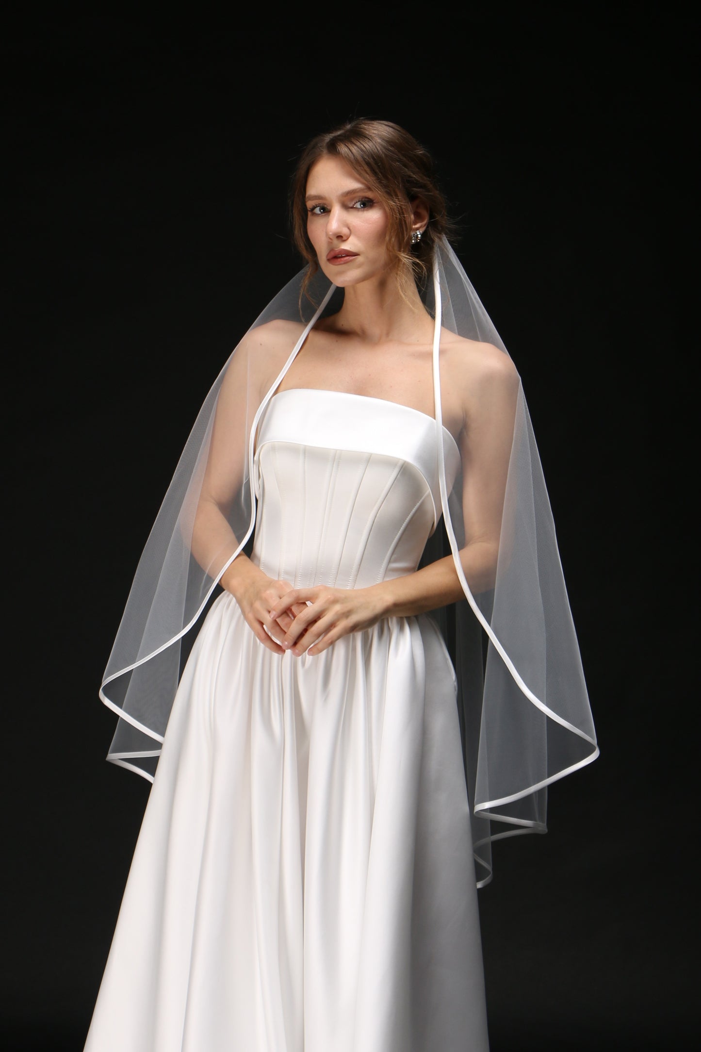 One Tier Cascading Wedding Veil with Satin Ribbon Edge – Simple Bridal Veil