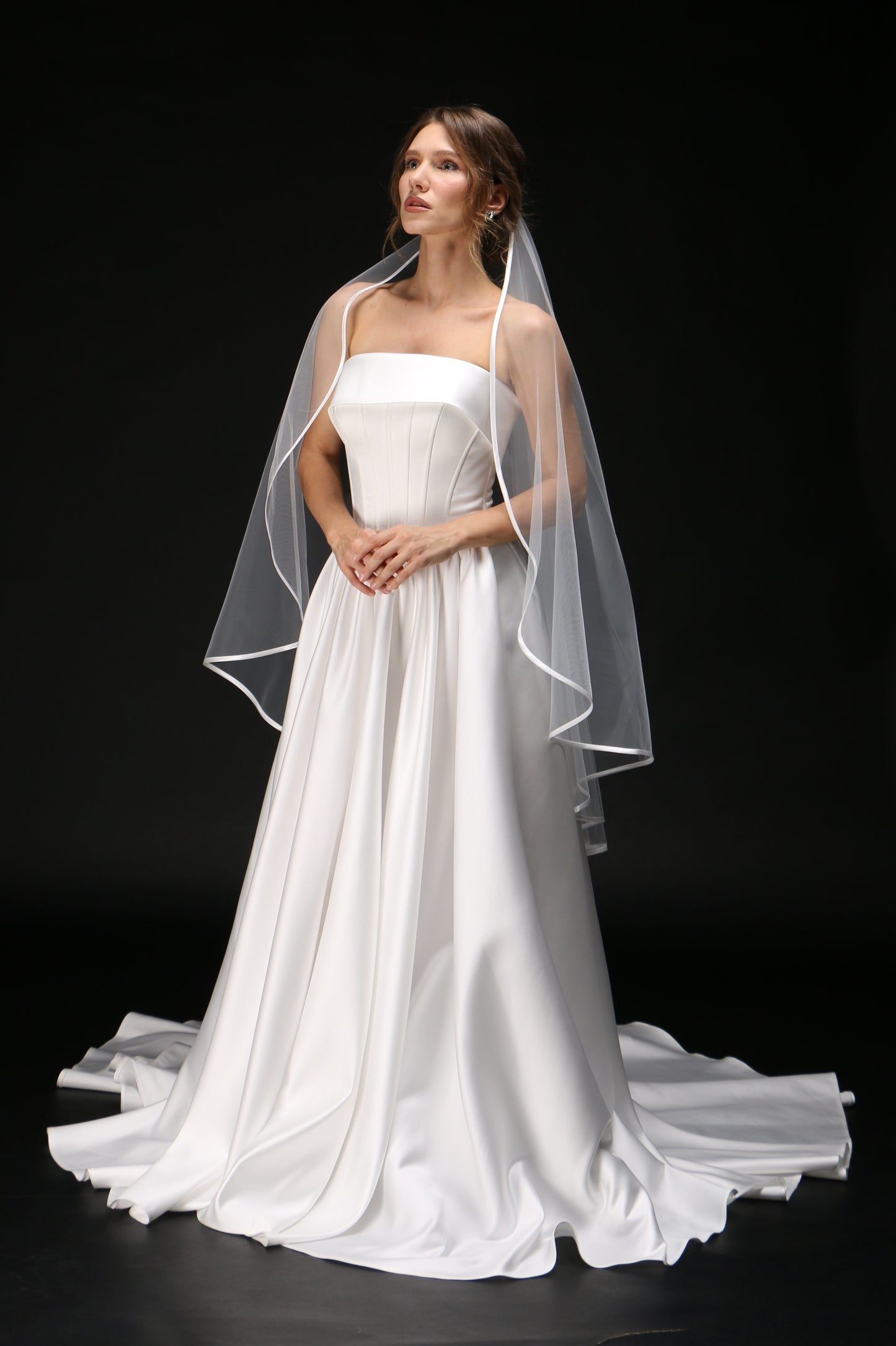 One Tier Cascading Wedding Veil with Satin Ribbon Edge – Simple Bridal Veil