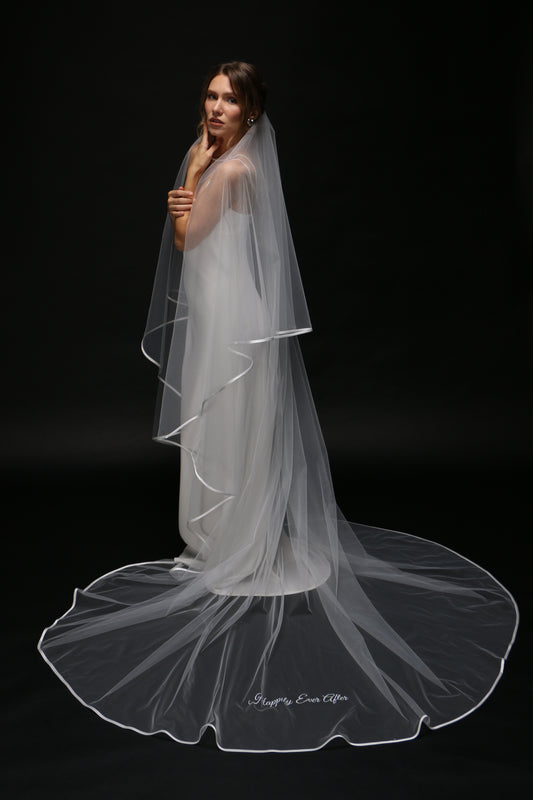 Two-Tier Satin Ribbon Wedding Veil | Personalized Print Bridal Veil | Cascading Chapel Cathedral Veil
