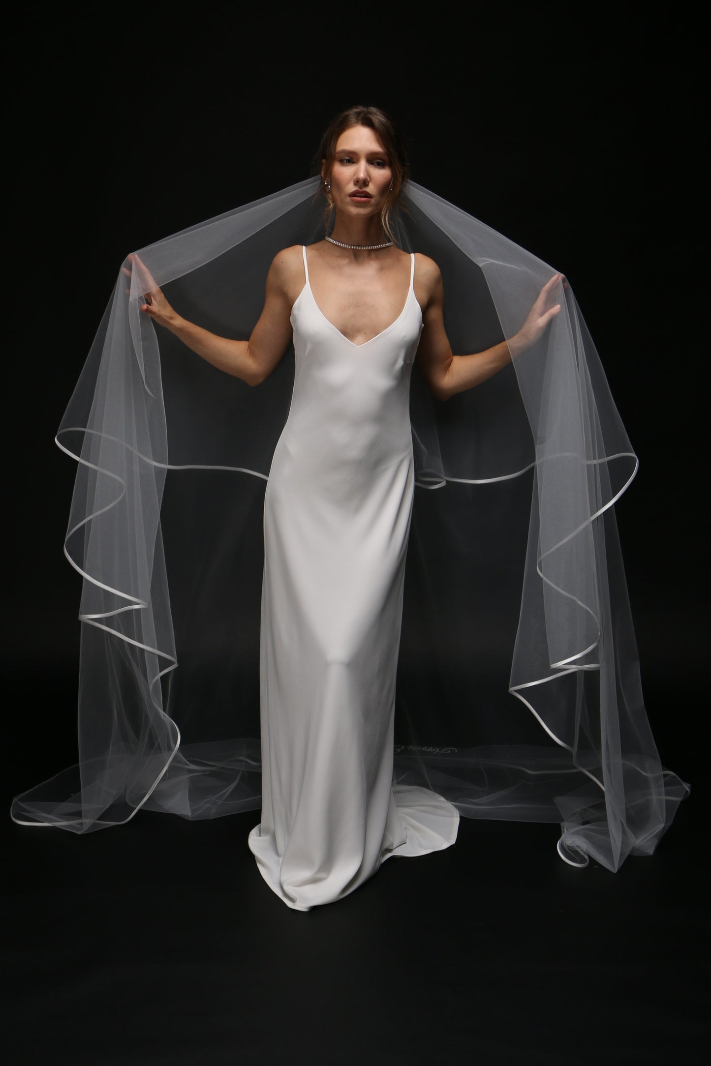 Two-Tier Satin Ribbon Wedding Veil | Personalized Print Bridal Veil | Cascading Chapel Cathedral Veil