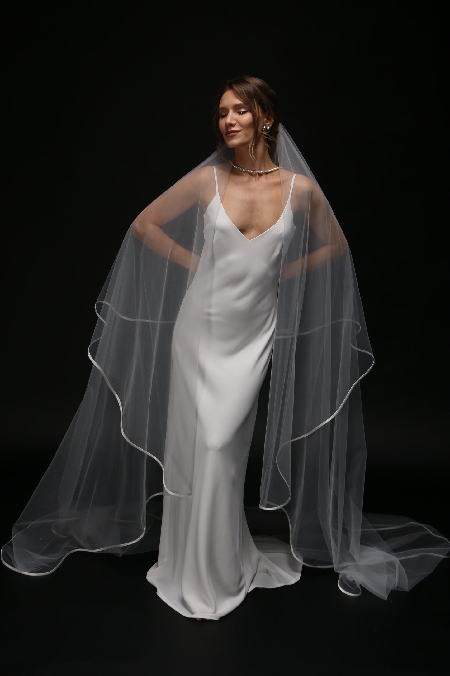 Two-Tier Satin Ribbon Wedding Veil | Personalized Print Bridal Veil | Cascading Chapel Cathedral Veil