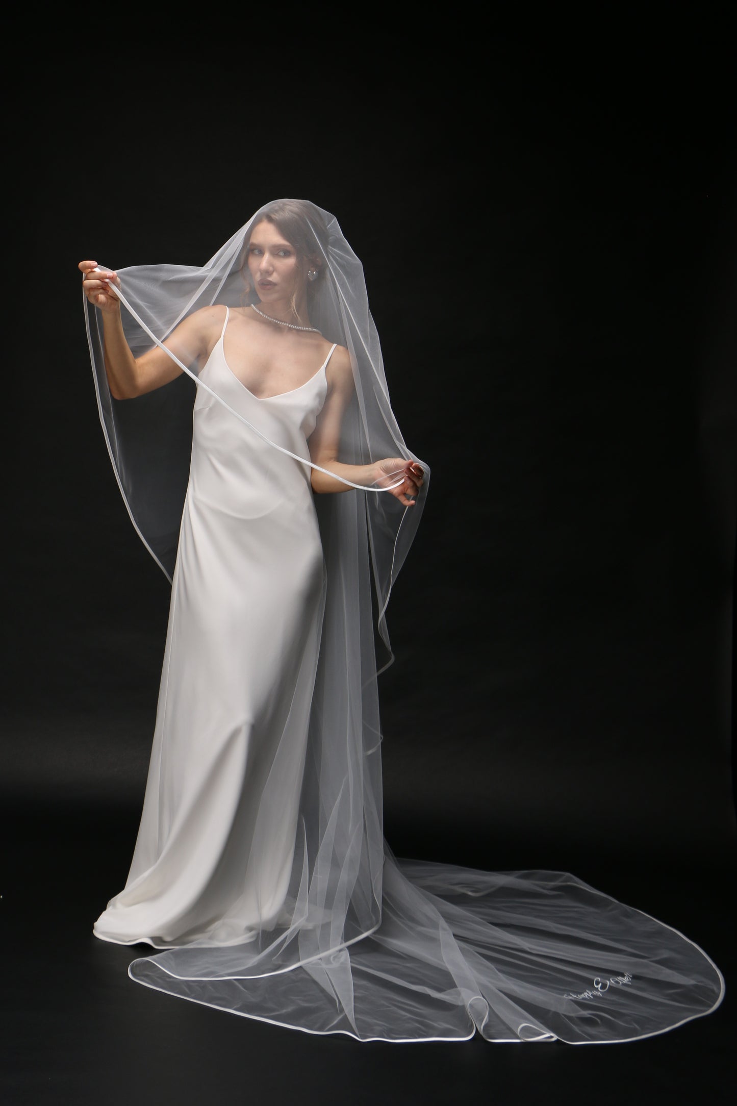Two-Tier Satin Ribbon Wedding Veil | Personalized Print Bridal Veil | Cascading Chapel Cathedral Veil