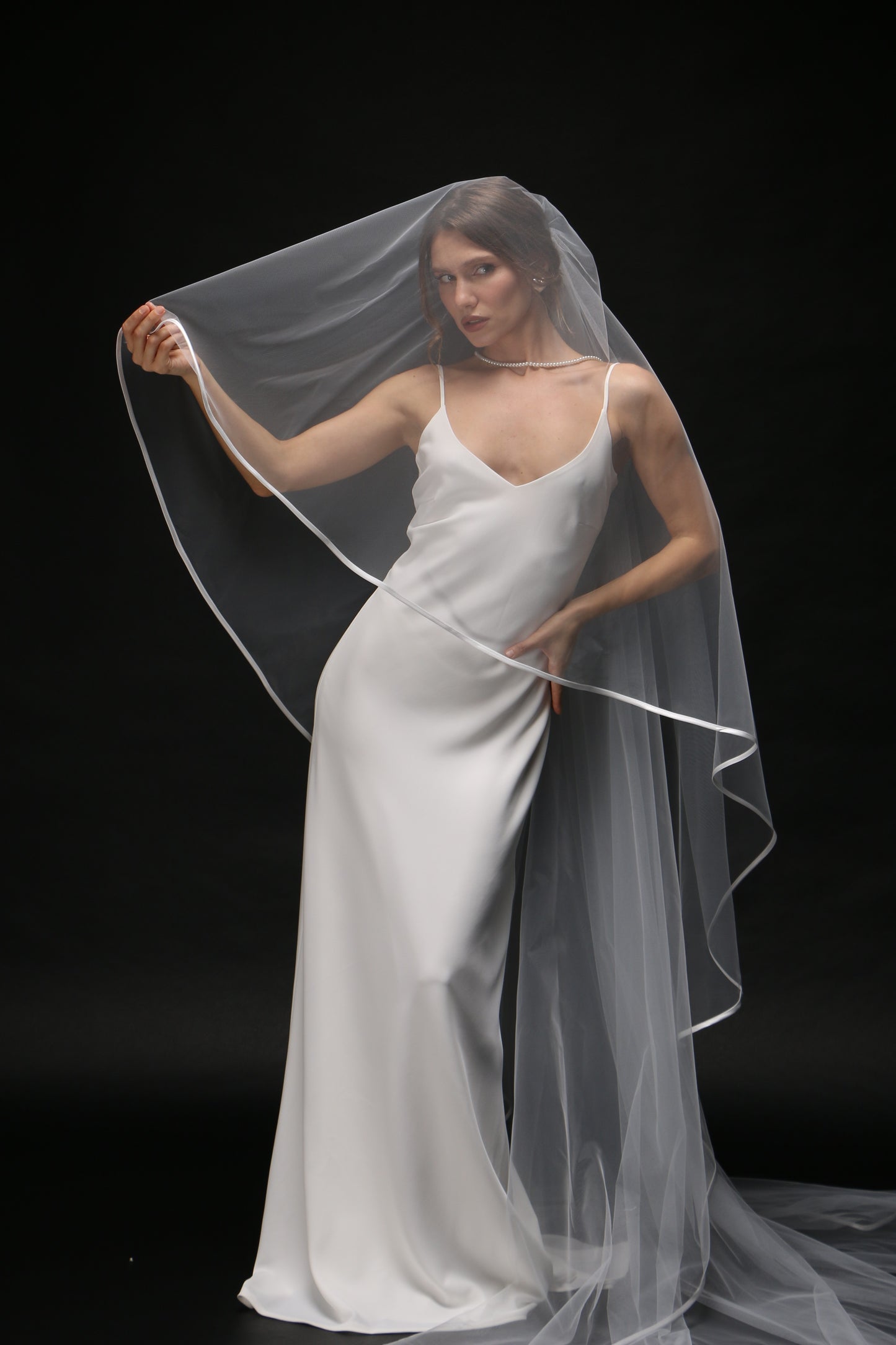 Two-Tier Satin Ribbon Wedding Veil | Personalized Print Bridal Veil | Cascading Chapel Cathedral Veil