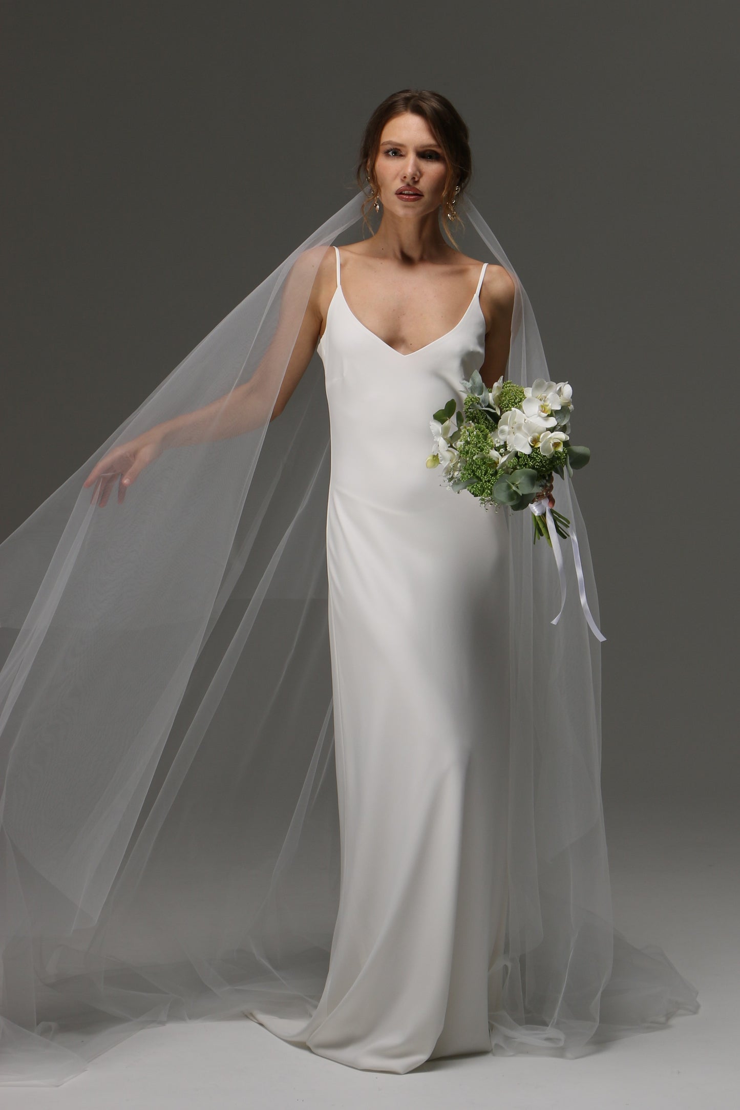Two Tier Cut Edge Bridal Veil with Blusher – Simple Cascading Chapel Length Wedding Veil