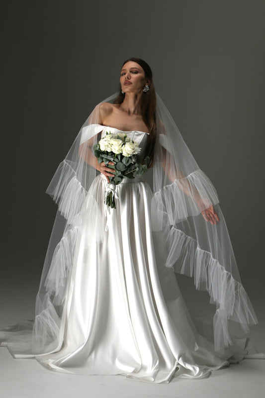 Romantic Boho Wedding Veil – Two Tiers, Flowing Tulle with Ruffle Edge - M1013