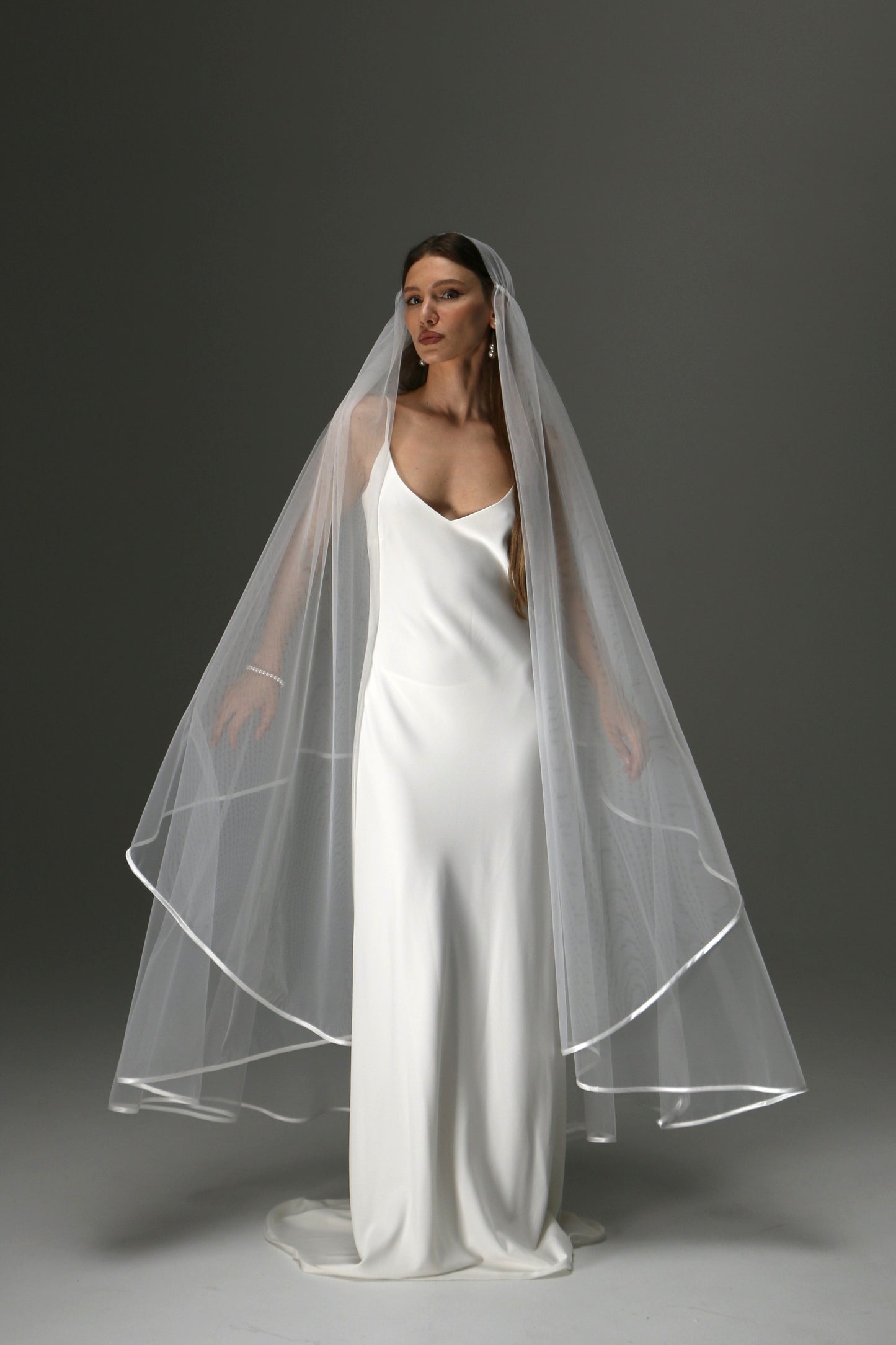 Boho Juliet Cap Veil – Two Tier Vintage Style Soft Tulle with Satin Ribbon Trim - M1011